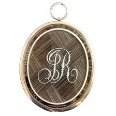 Georgian Mourning Locket Pendant, 9 Karat Gold, Blue Enamel and Pearl, Hairwork