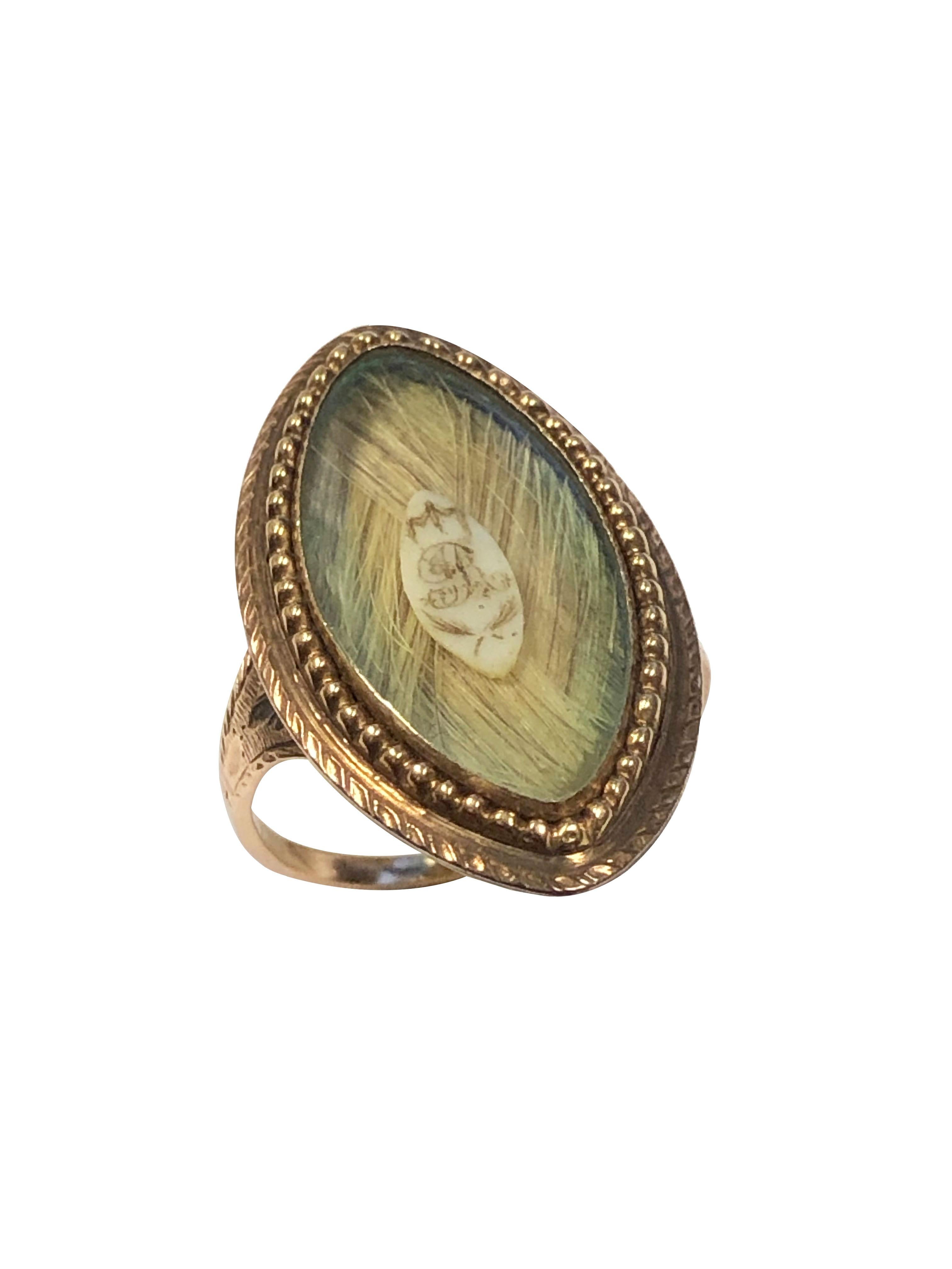 Georgian Mourning Memorial Gold and Hair Navette Ring In Excellent Condition For Sale In Chicago, IL