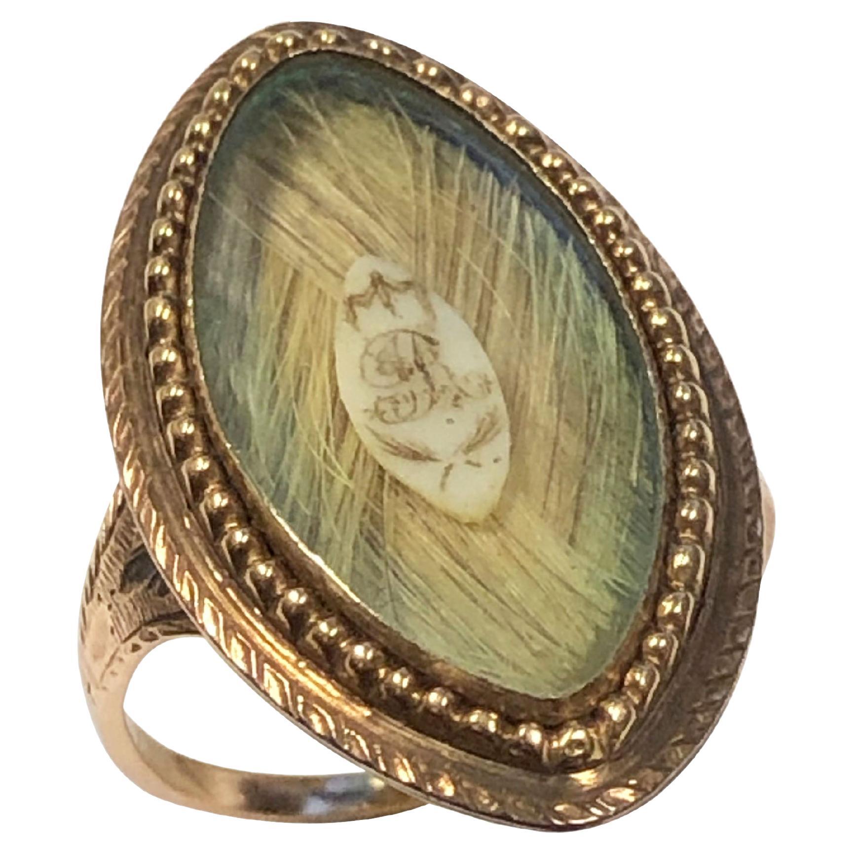 Georgian Mourning Memorial Gold and Hair Navette Ring