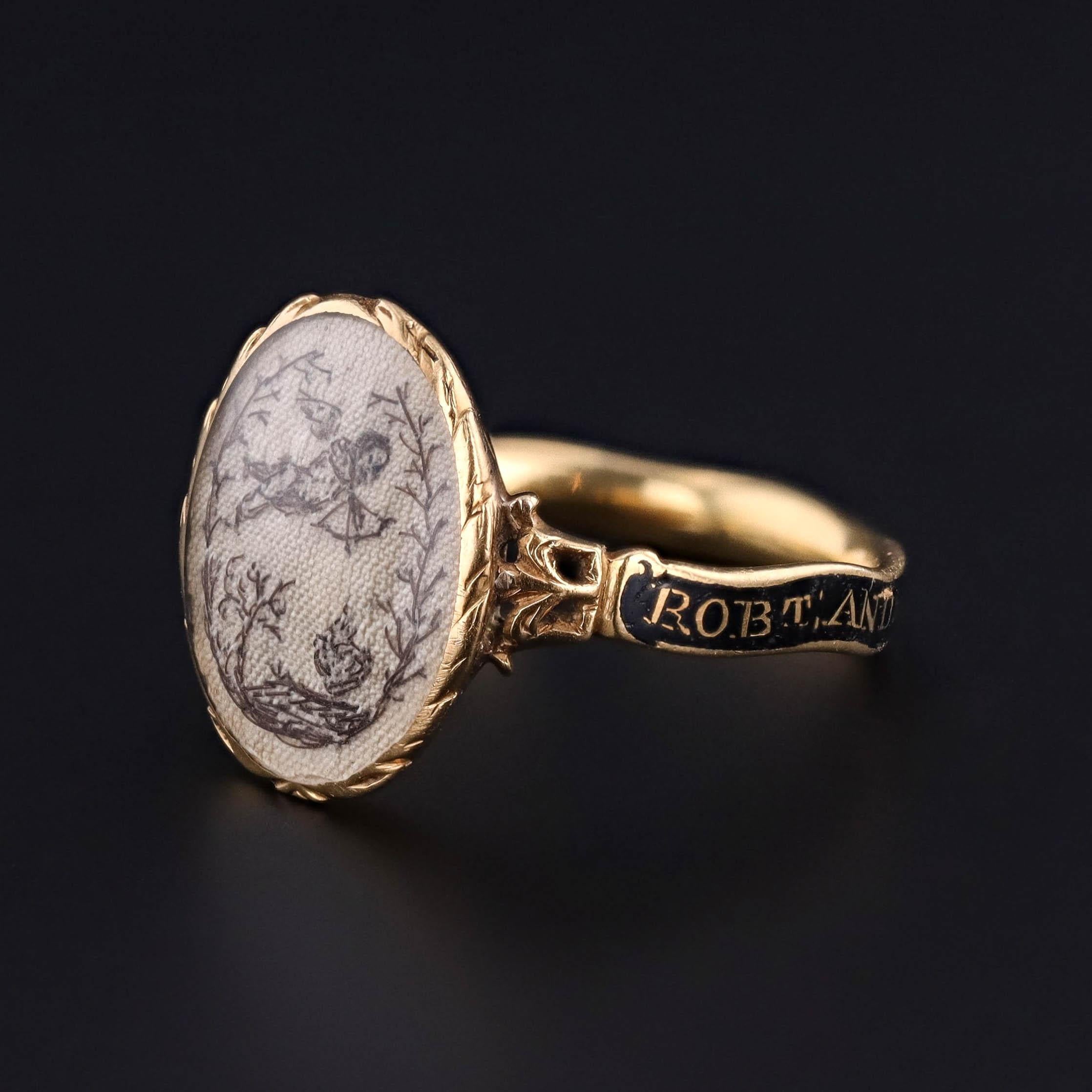 Georgian 18K Gold Mourning Ring Depicting a Cupid Flying above an Eternal Flame, Dated 1771

A poignant and exquisitely crafted mourning ring from the Georgian period, this rare 18 karat gold piece dates to circa 1771 and features an evocative