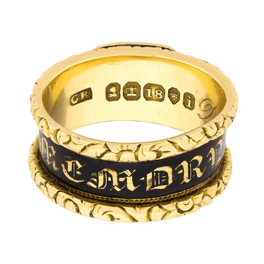 Round Cut Georgian Mourning Ring with Black Enamel, circa 1824 For Sale