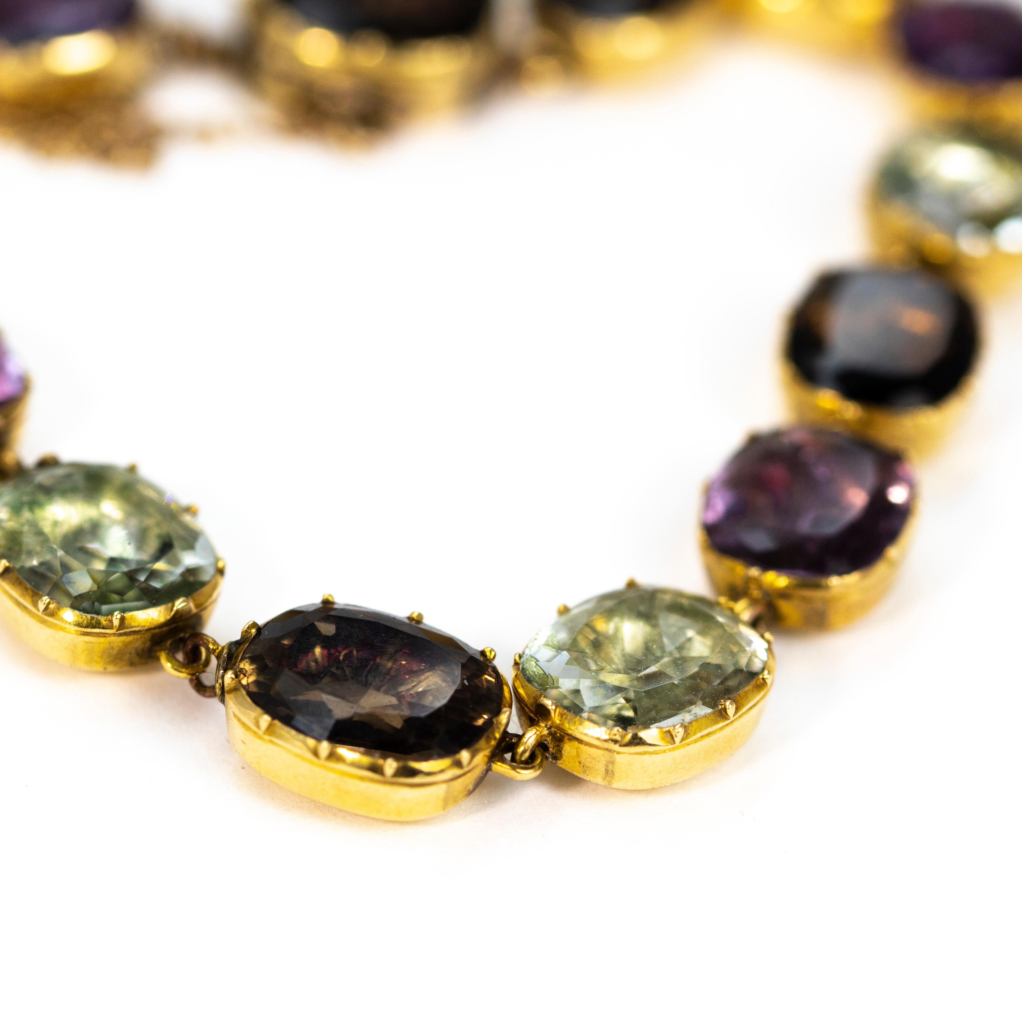 This stunning bracelet holds a gorgeous array of different stones all held in closed back foiled settings which gives wonderful reflection. The edge of the settings feature gold beading and the bracelet is fastened using a very discreet fastening