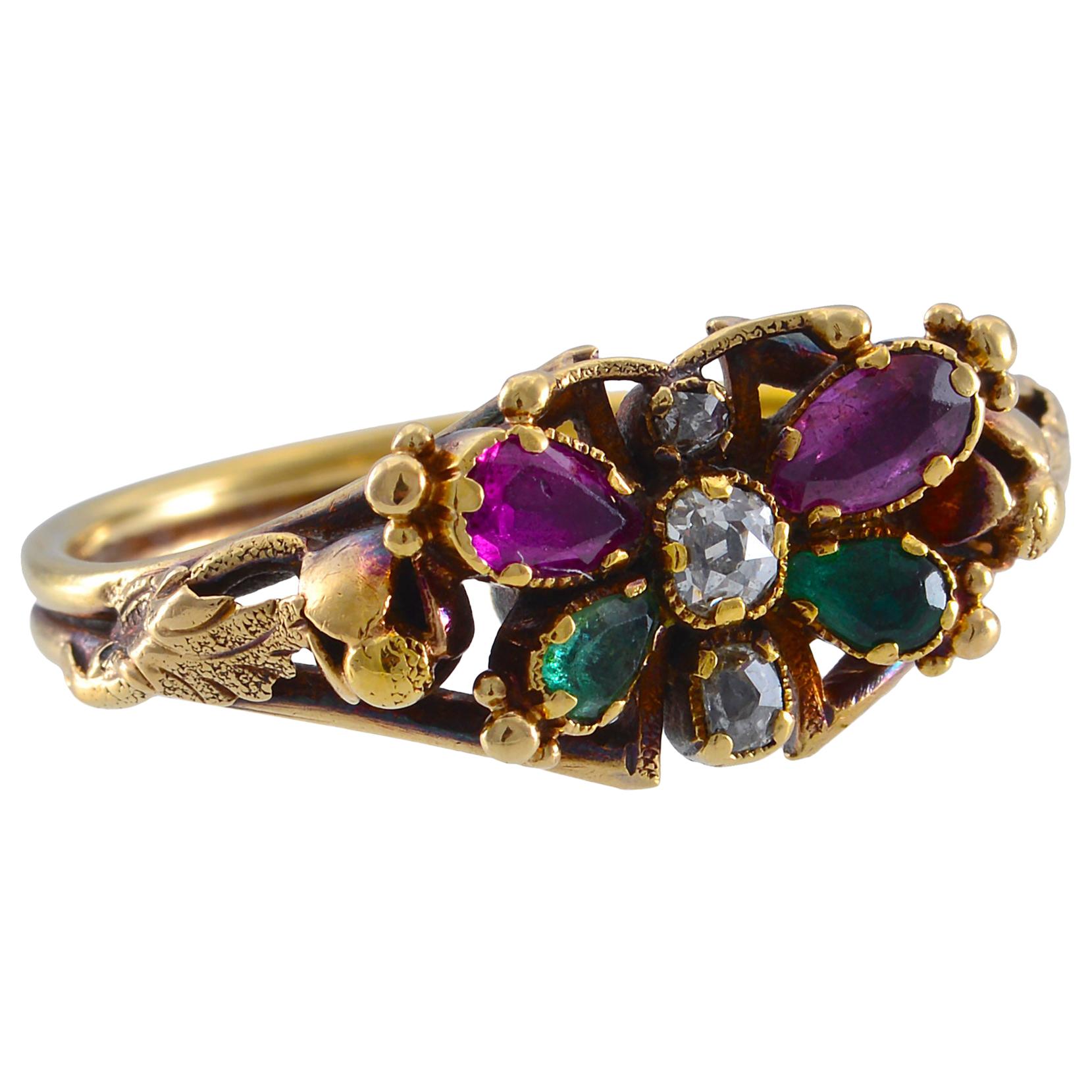 Georgian Multicolored Stone and Gold Butterfly Ring For Sale