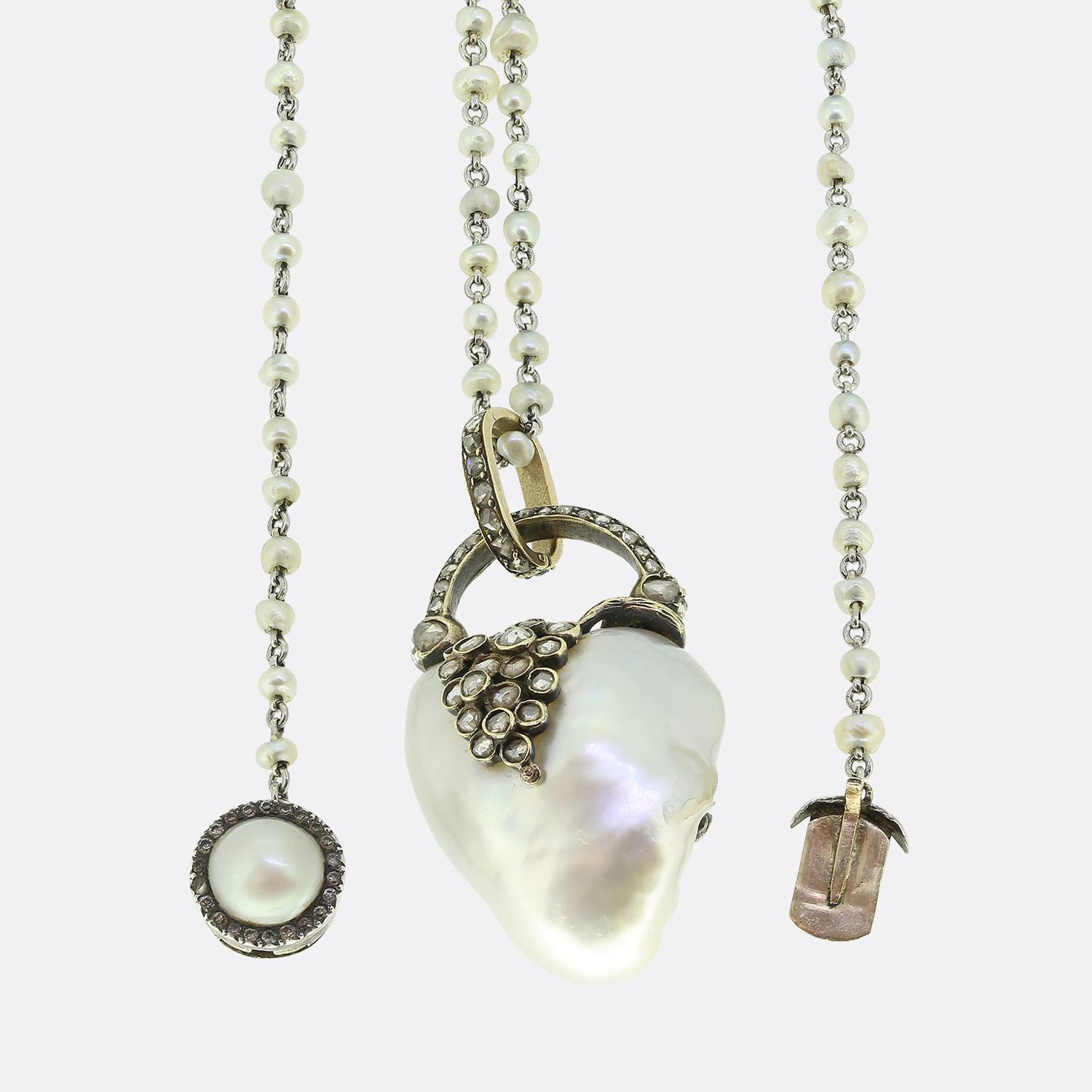 Heart Cut Georgian Natural Baroque Saltwater Pearl Heart and Diamond Necklace For Sale