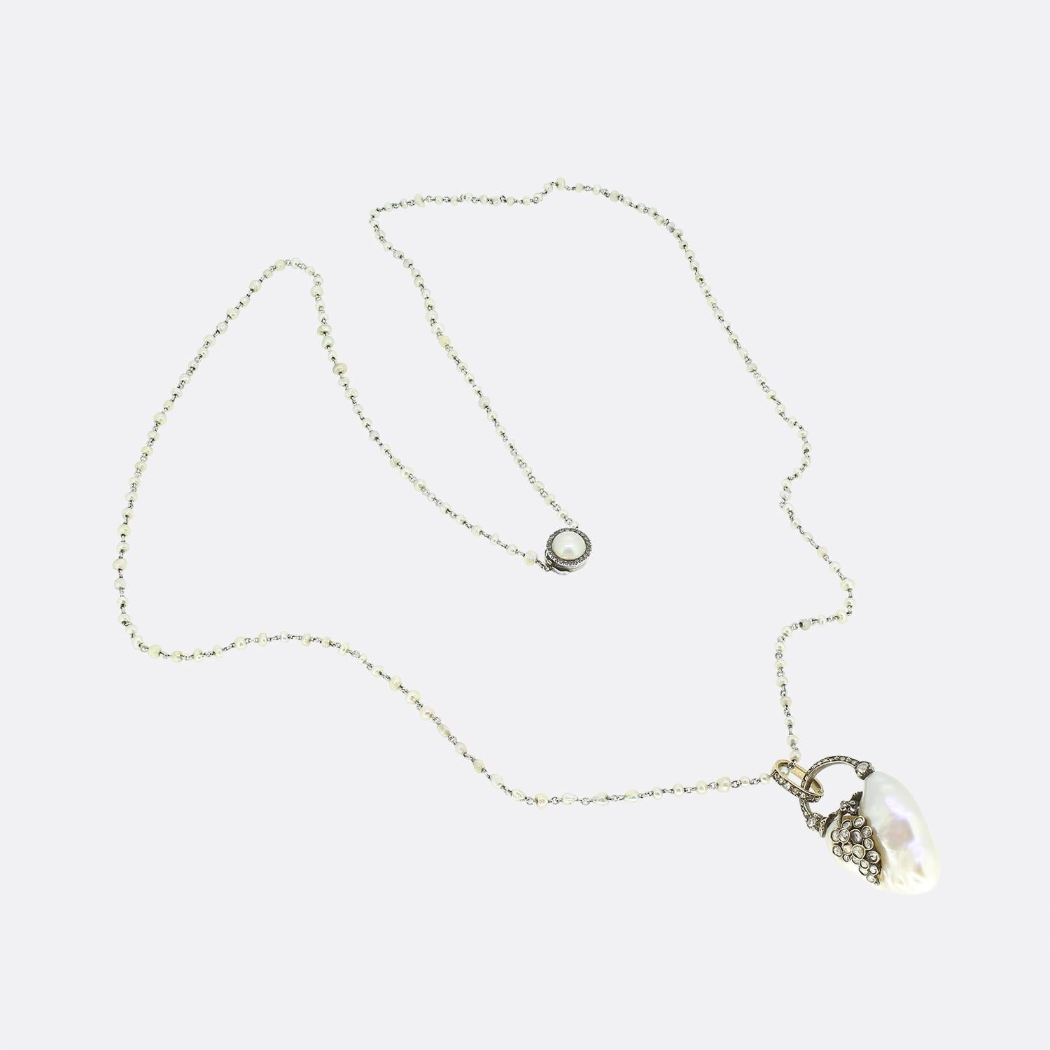 Georgian Natural Baroque Saltwater Pearl Heart and Diamond Necklace In Good Condition For Sale In London, GB