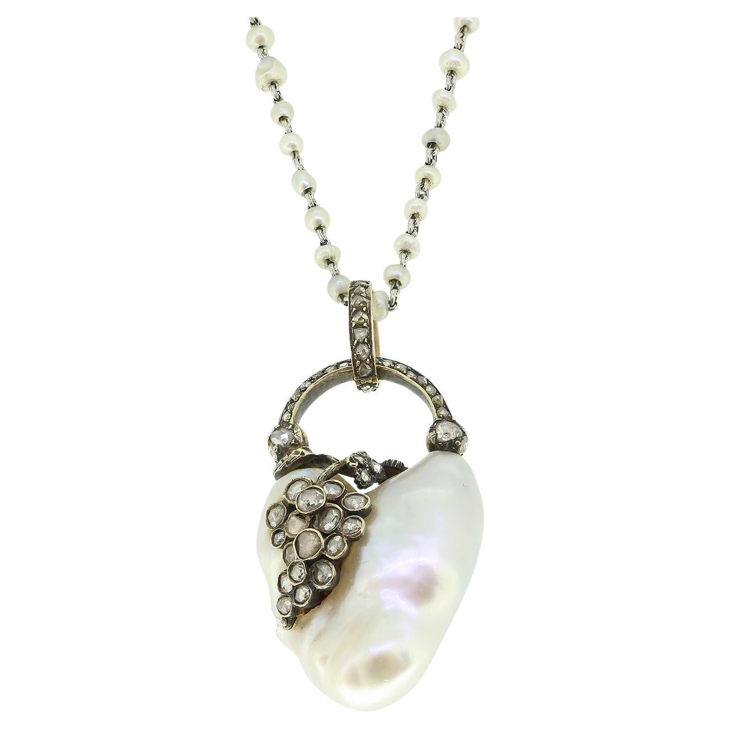 Georgian Natural Baroque Saltwater Pearl Heart and Diamond Necklace For Sale