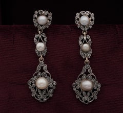 Natural Not Nucleated Pearl Rose Cut Diamond Long Drop Earrings
