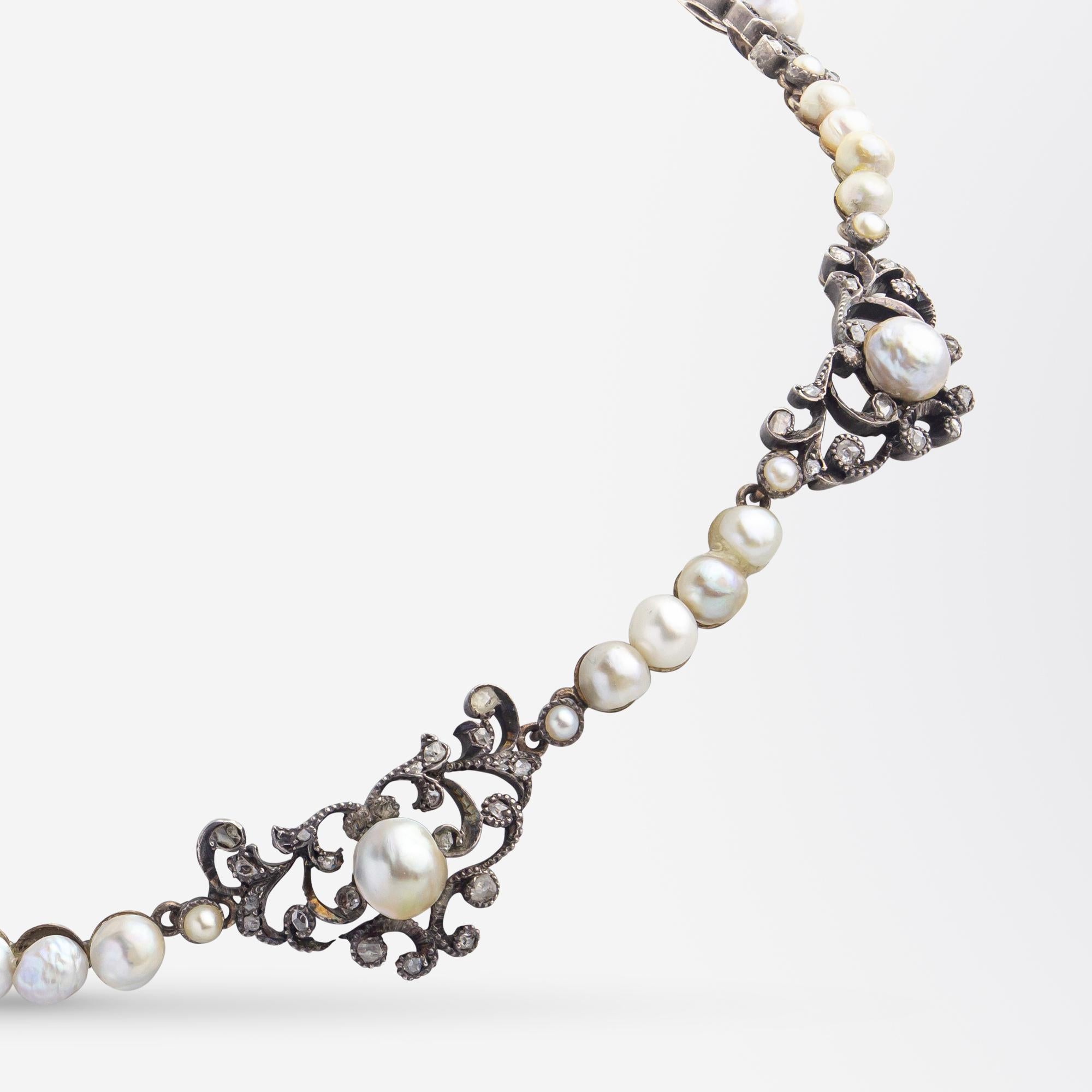Georgian Natural Pearl and Diamond Necklet In Good Condition For Sale In Brisbane, QLD