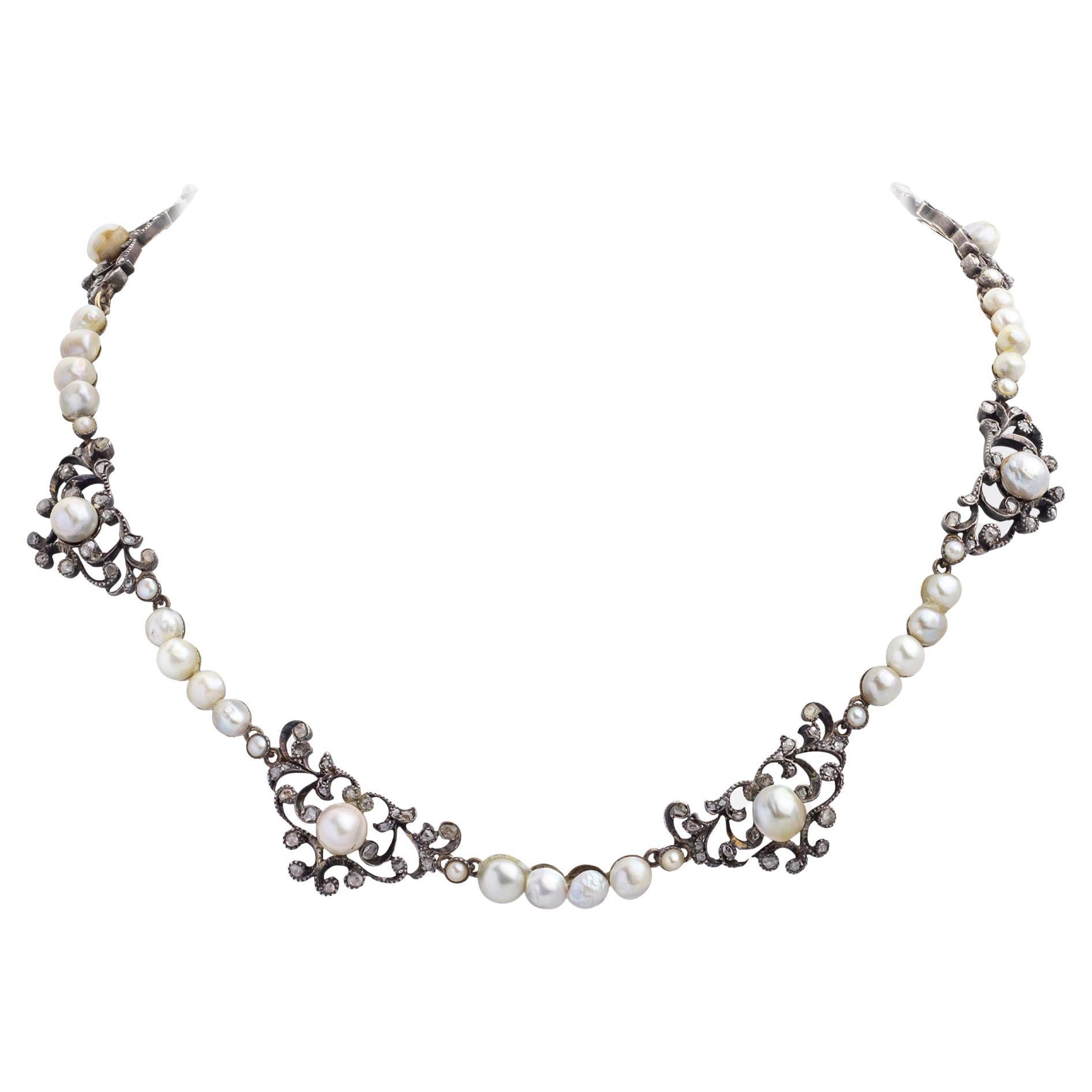 Georgian Natural Pearl and Diamond Necklet