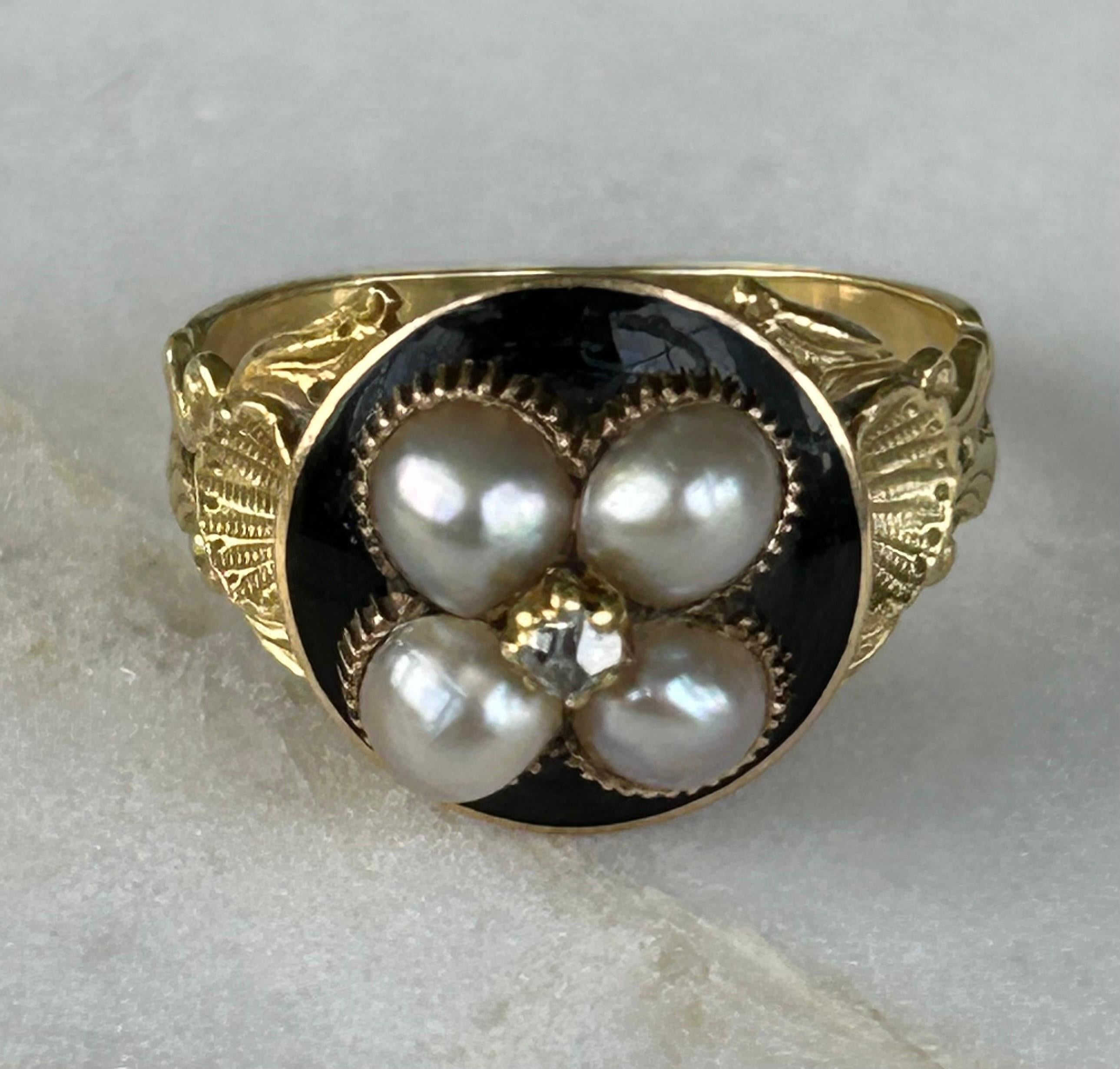 Old Mine Cut Georgian Natural Pearl, Enamel and Diamond Mourning Ring 18k Gold For Sale