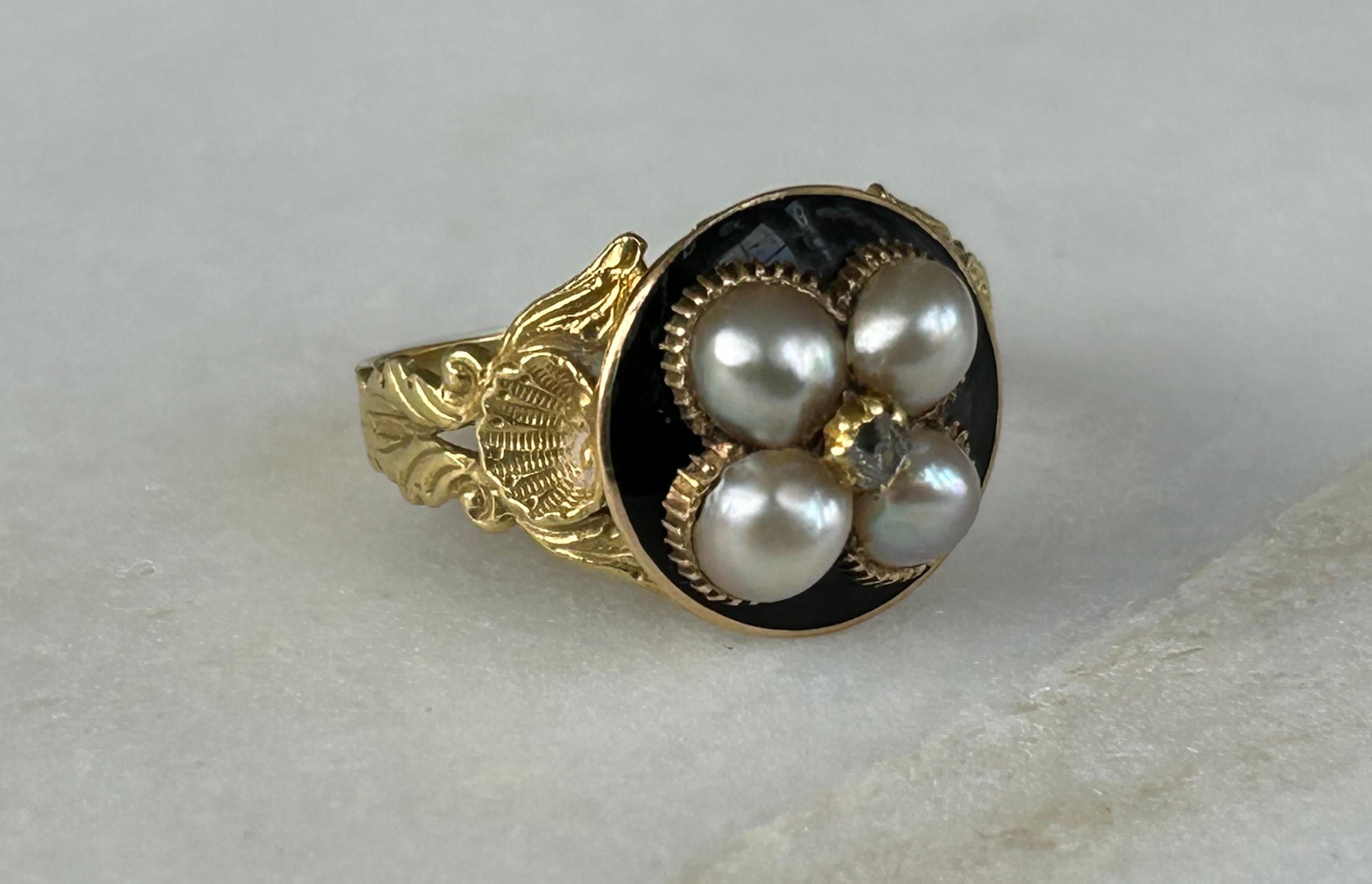 Georgian Natural Pearl, Enamel and Diamond Mourning Ring 18k Gold For Sale 1