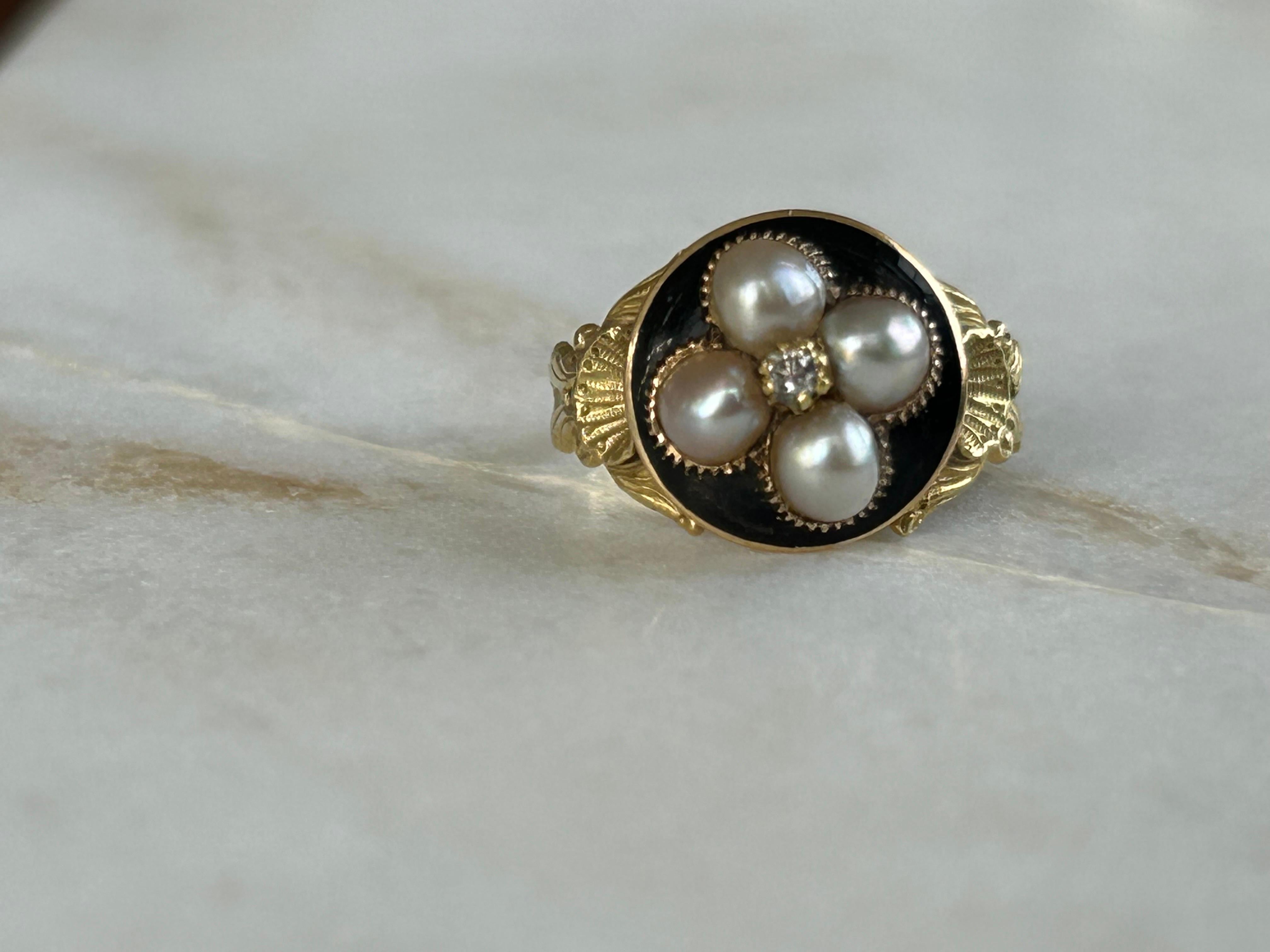 Georgian Natural Pearl, Enamel and Diamond Mourning Ring 18k Gold For Sale 2