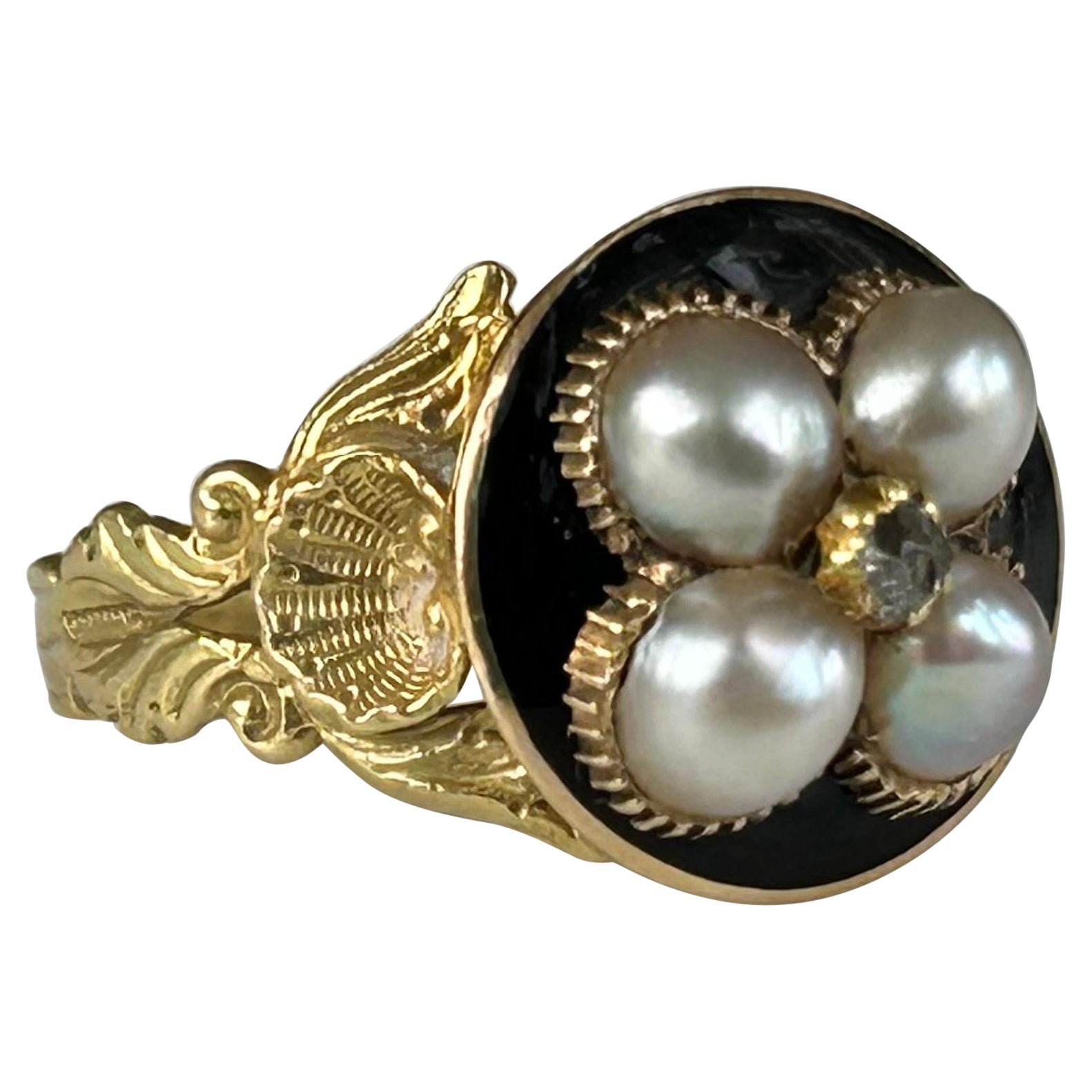 Georgian Natural Pearl, Enamel and Diamond Mourning Ring 18k Gold For Sale