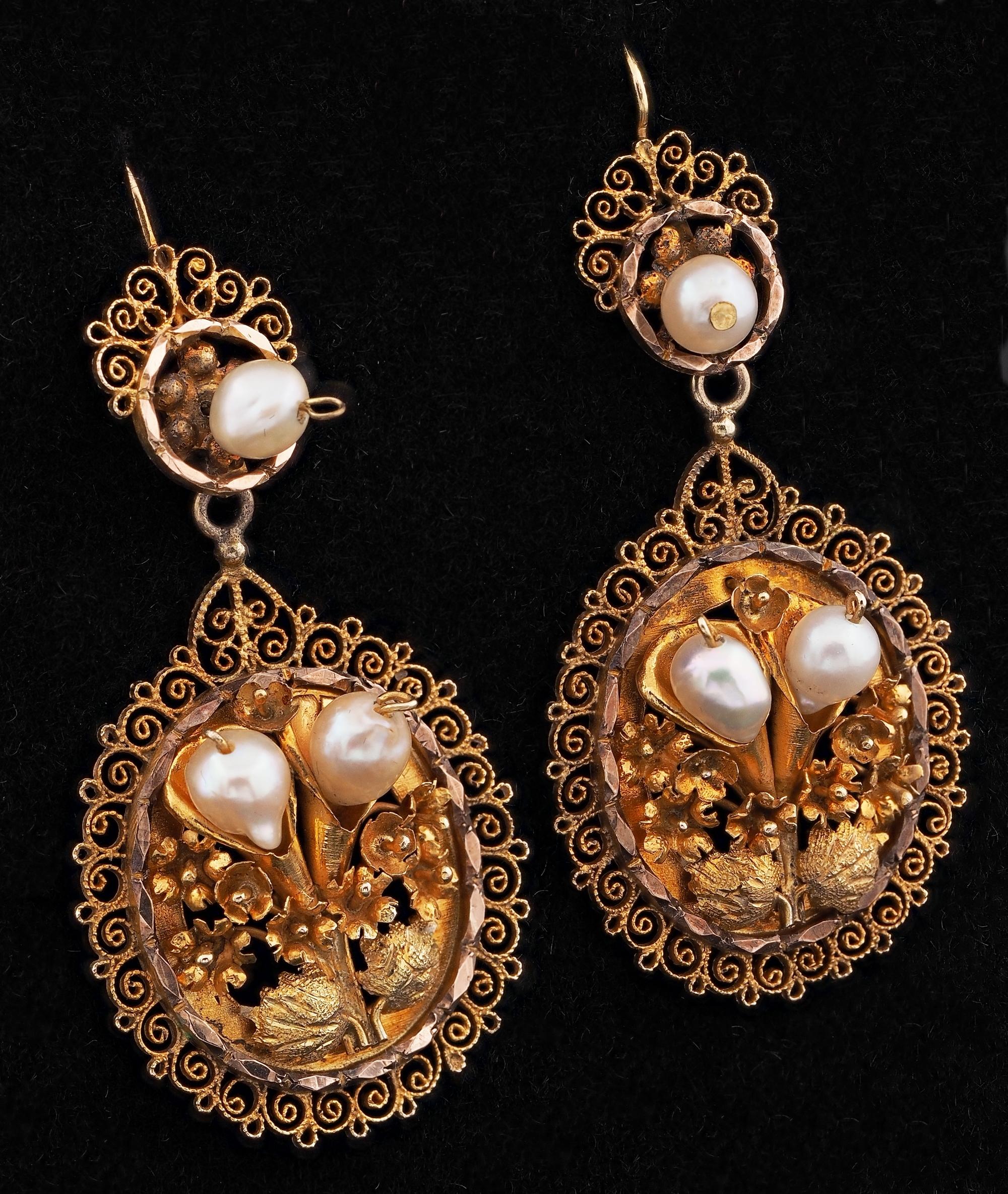 Georgian Natural Pearl Flower Bunch Rare Earrings In Fair Condition For Sale In Napoli, IT