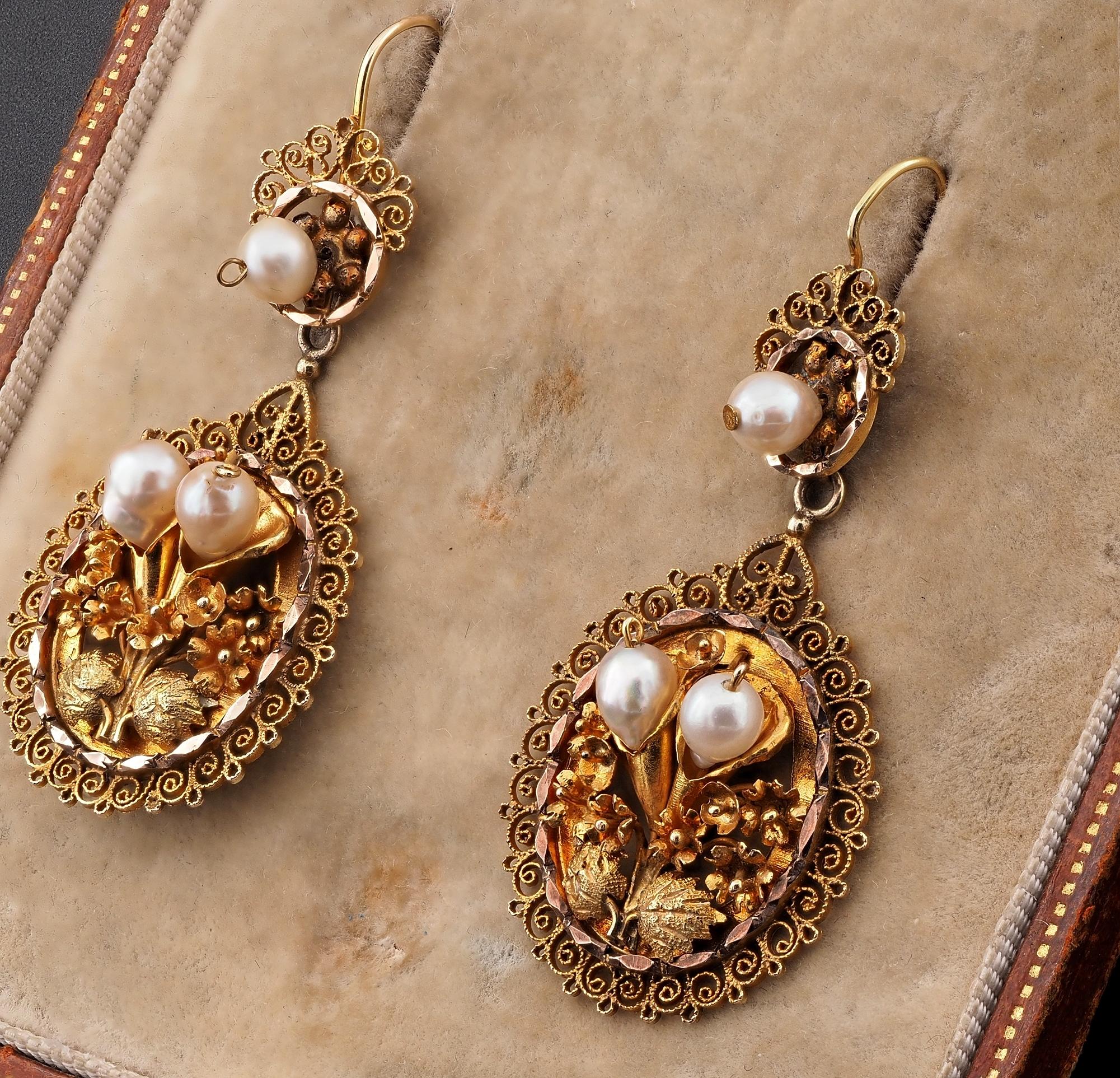 Women's Georgian Natural Pearl Flower Bunch Rare Earrings For Sale
