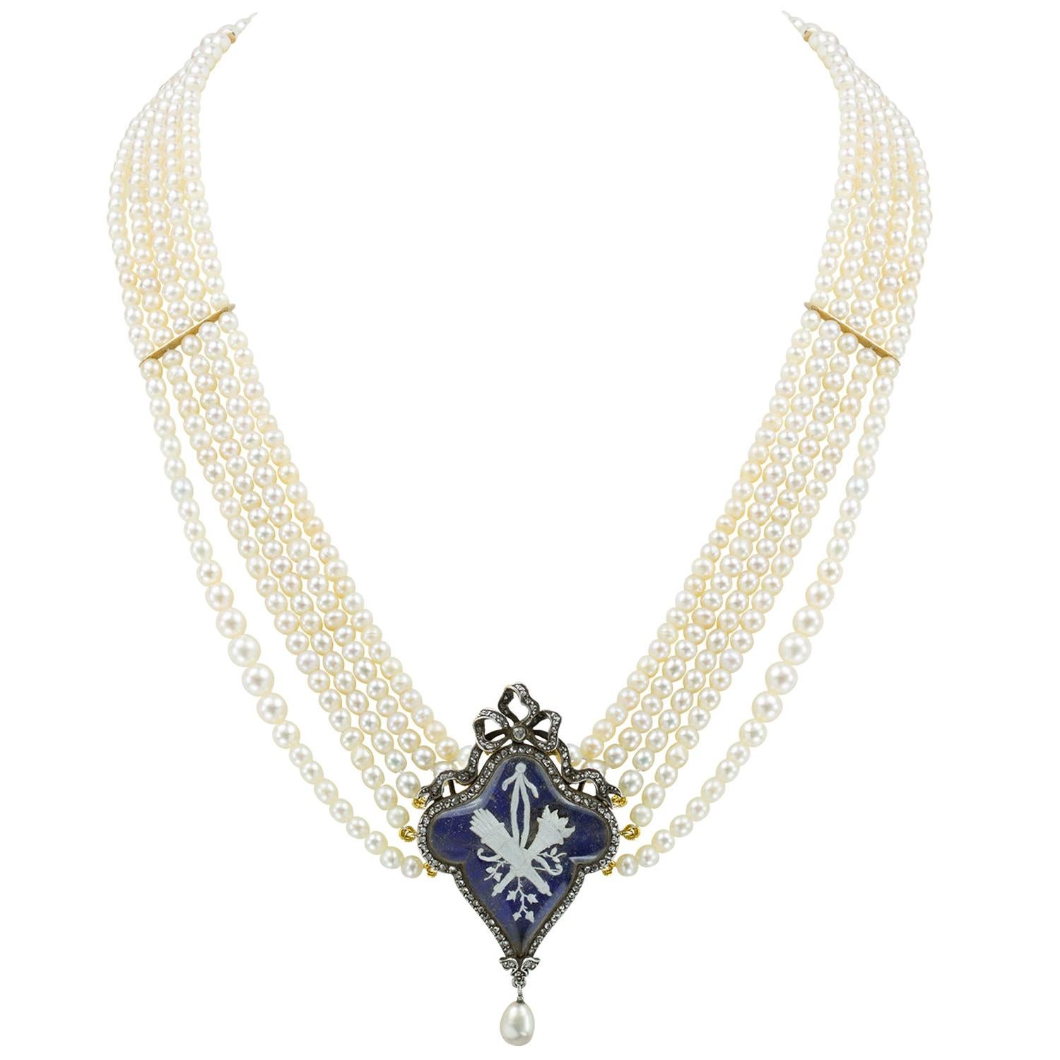 Georgian Natural Pearl Necklace with Blue Enamel Centre