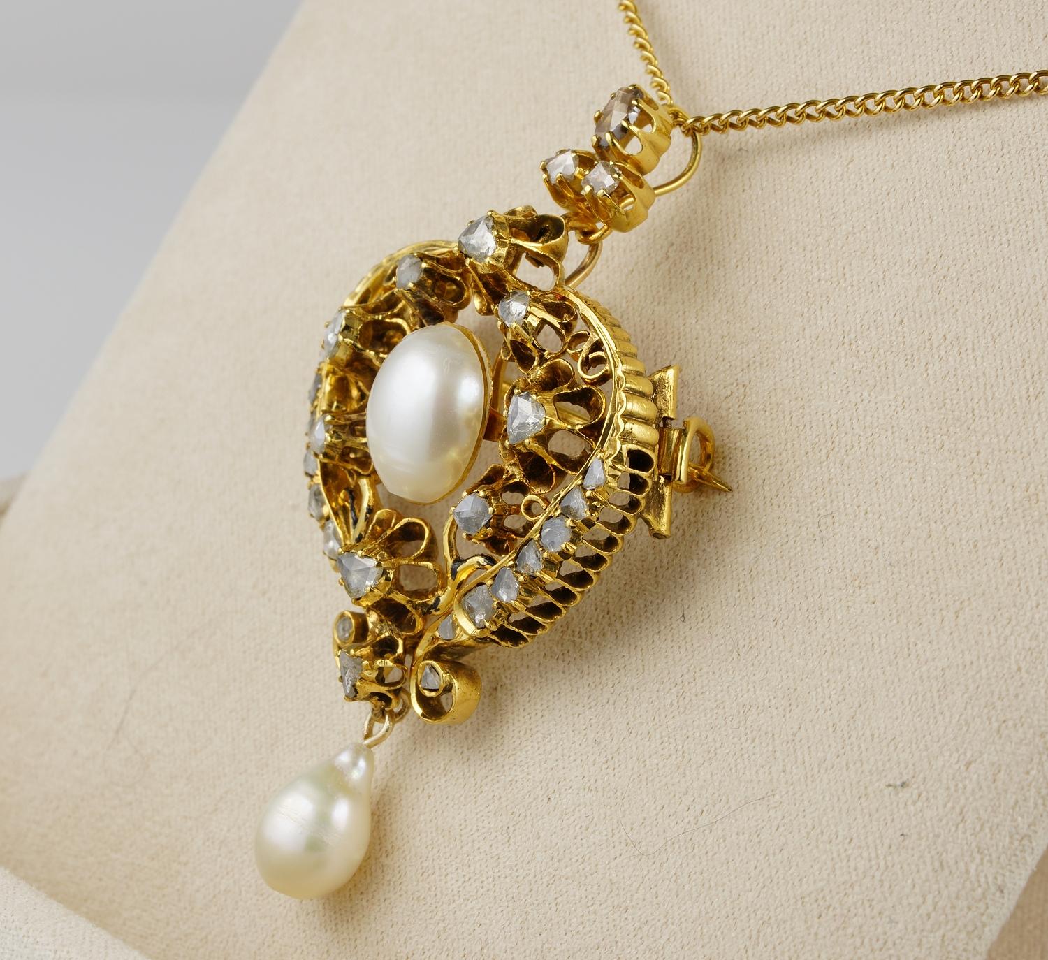 Georgian Natural Pearl Rose Cut Diamond Pendant Necklace 18 KT In Good Condition For Sale In Napoli, IT
