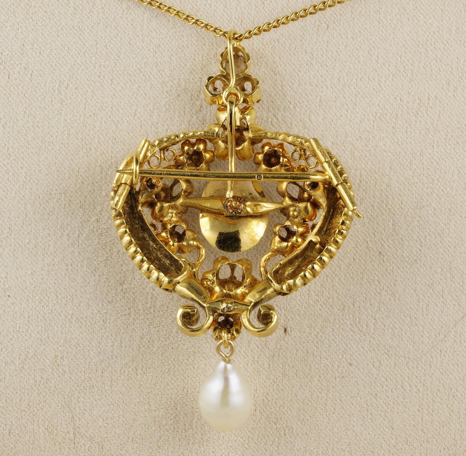 Women's or Men's Georgian Natural Pearl Rose Cut Diamond Pendant Necklace 18 KT For Sale