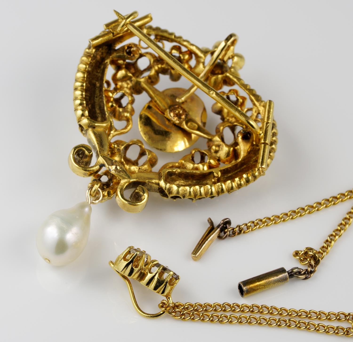 Georgian Natural Pearl Rose Cut Diamond Pendant Necklace 18 KT For Sale 1