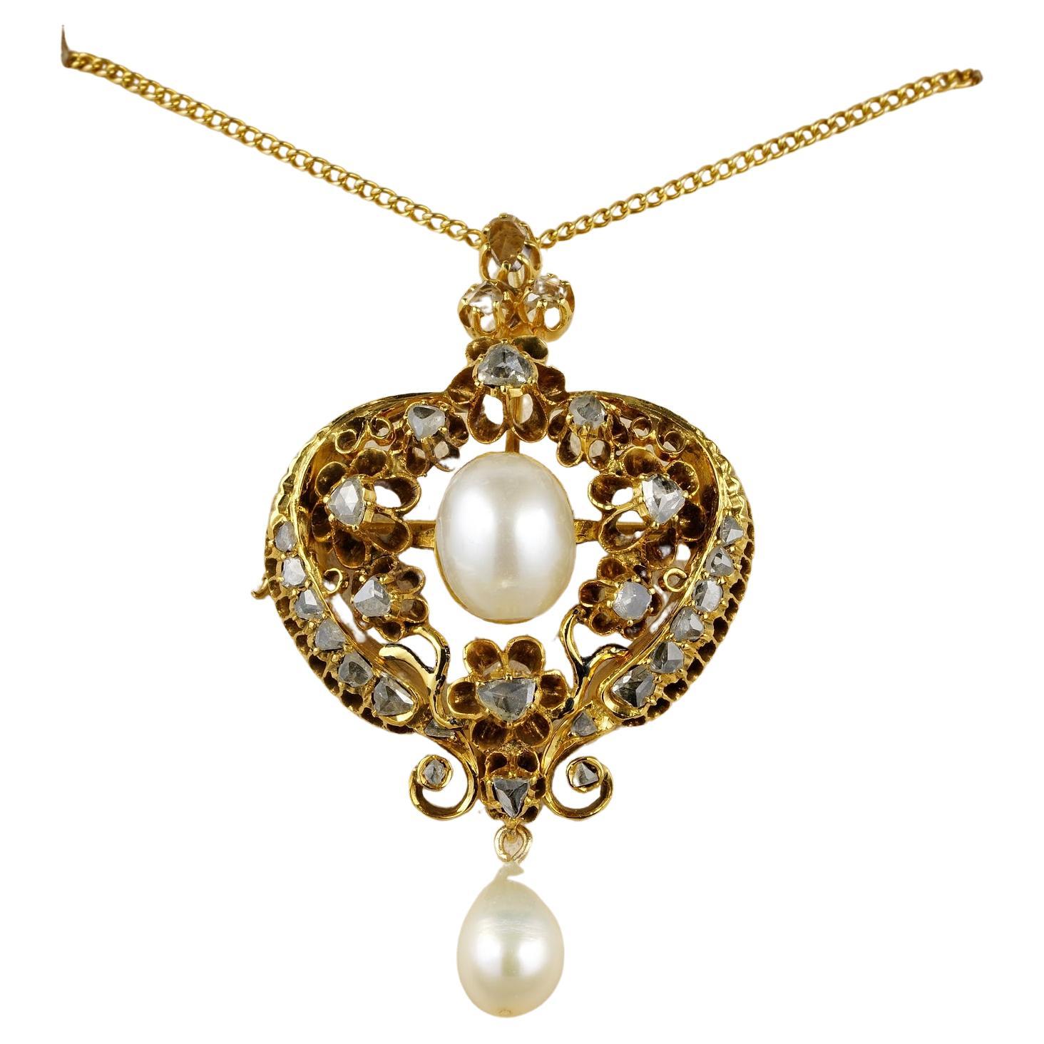 Georgian Natural Pearl Rose Cut Diamond Pendant Necklace 18 KT For Sale