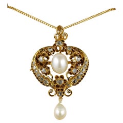 Antique Georgian Natural Pearl Rose Cut Diamond Pendant Necklace 18 KT