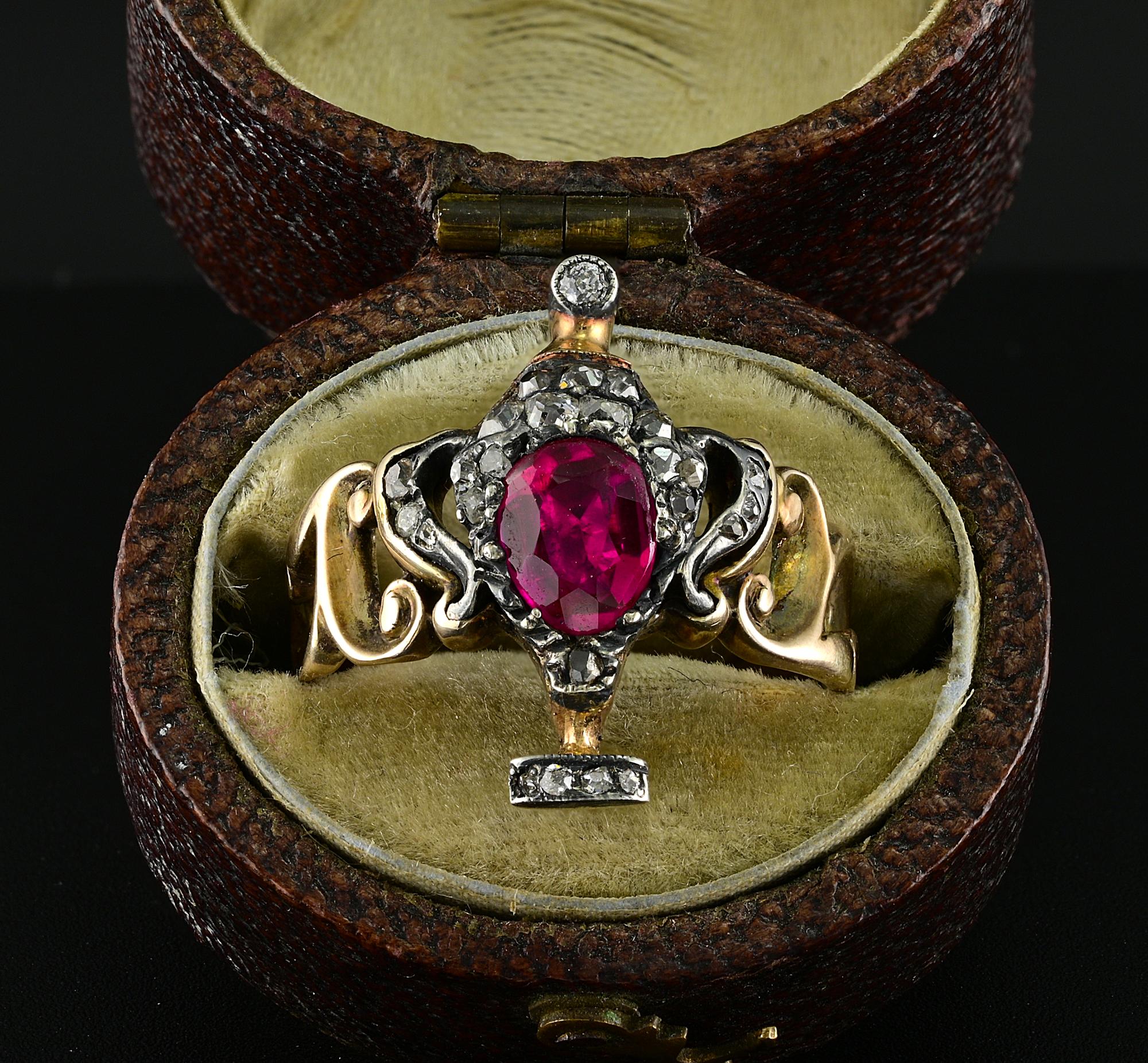 Magnificent Georgian period Urn ring set with natural untreated Ruby and Diamond, possibly Burma, in 18 KT and silver
Elaborate scroll work with the Urn in the middle beautifully adorned with 1 pear mine cut natural untreated Ruby of stunning color