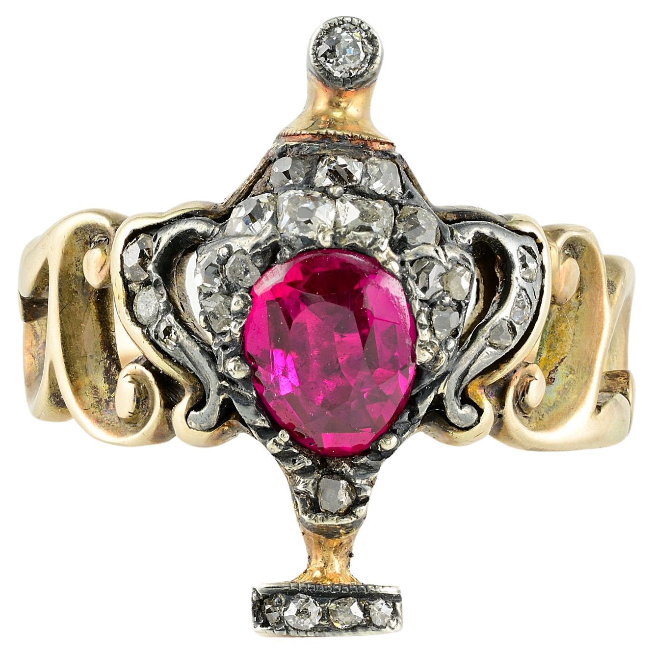 Georgian Natural Ruby Diamond Rare Urn Ring For Sale
