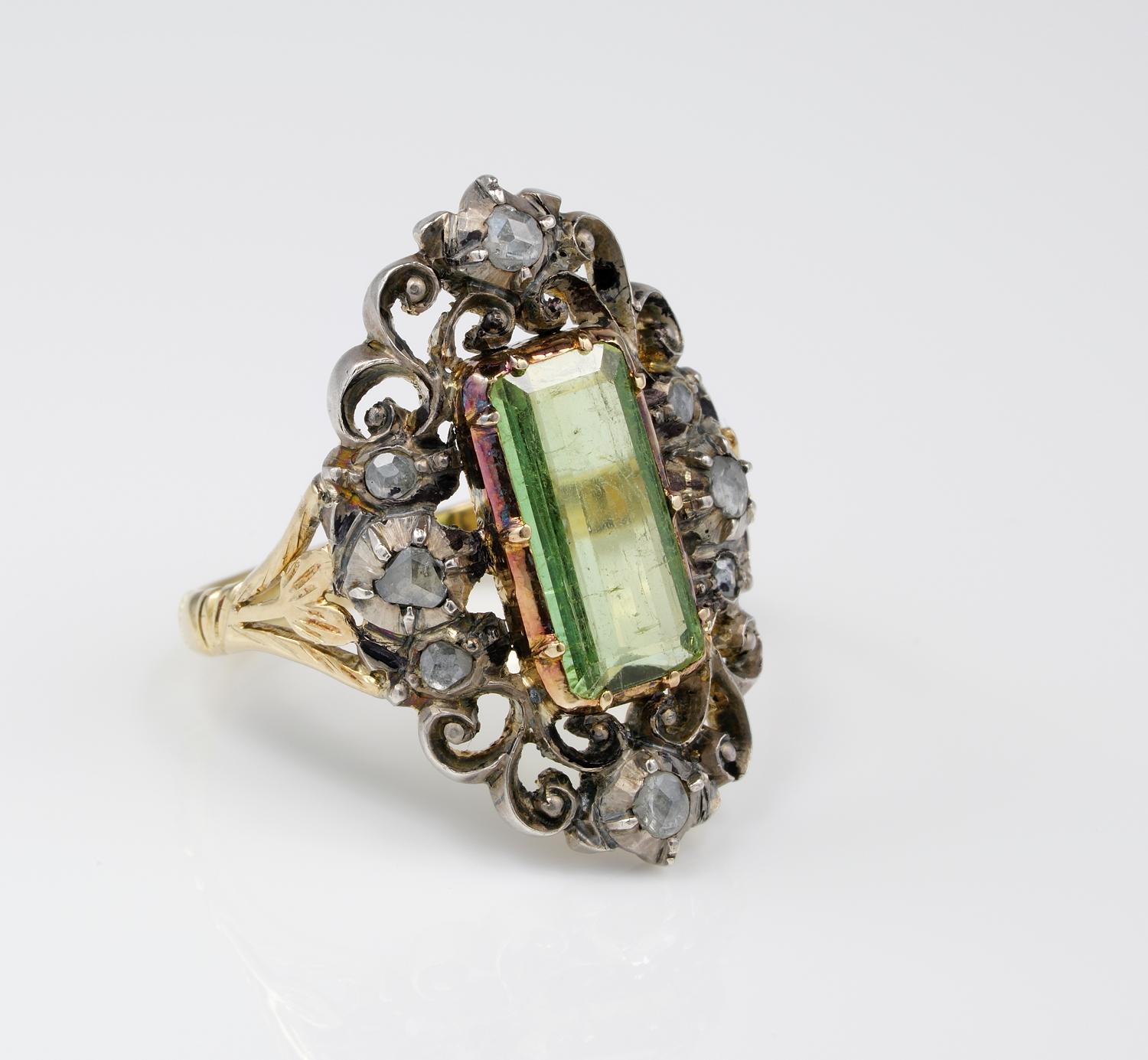 This Georgian period ring is an impressive and distinctive example of that time period, magnificent workmanship of that time with a large flat head of intricate design framing the main stone to end with the charming shank highly decorated bearing