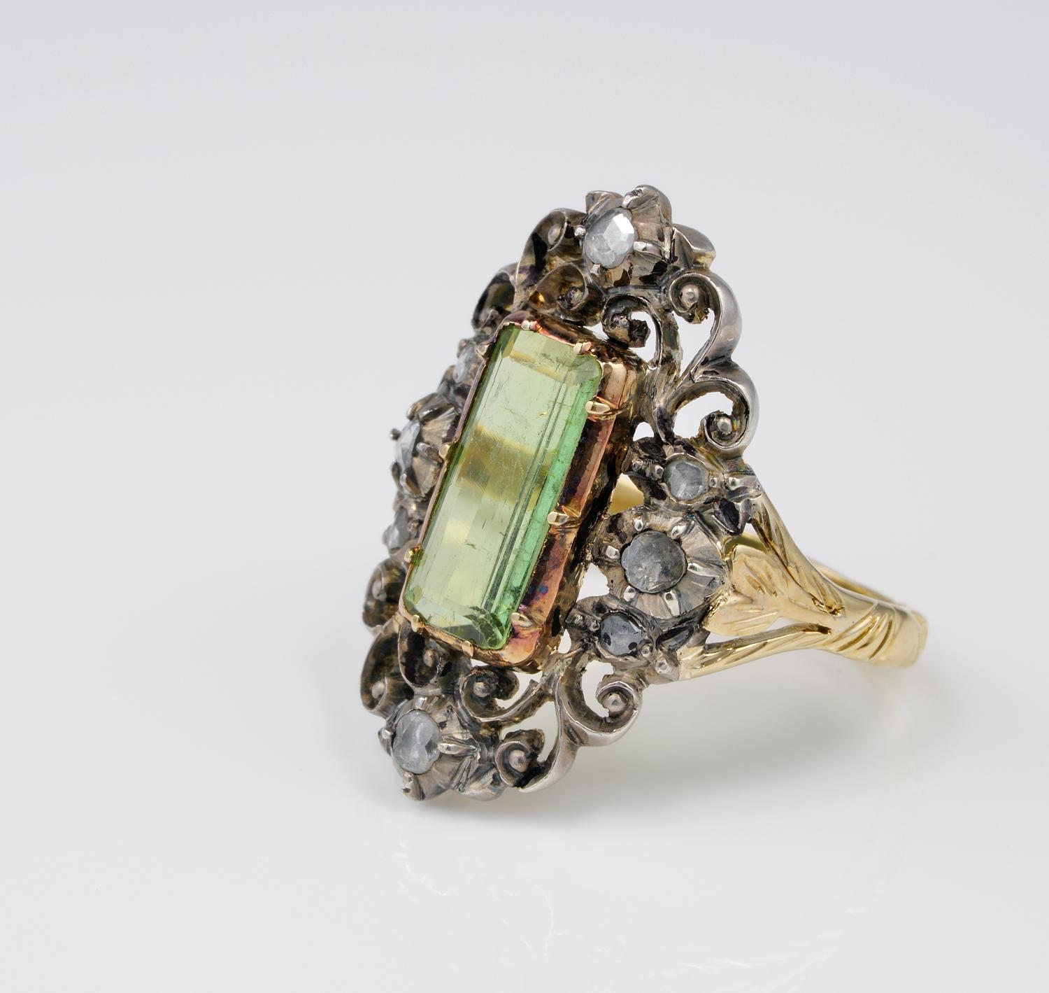 Emerald Cut Georgian Natural Tourmaline Diamond Scroll Ring For Sale