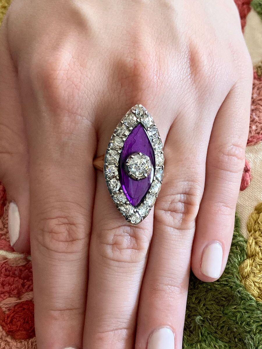 Georgian Navette Purple Glass and Rose Cut Diamond Cocktail Dress Ring 5