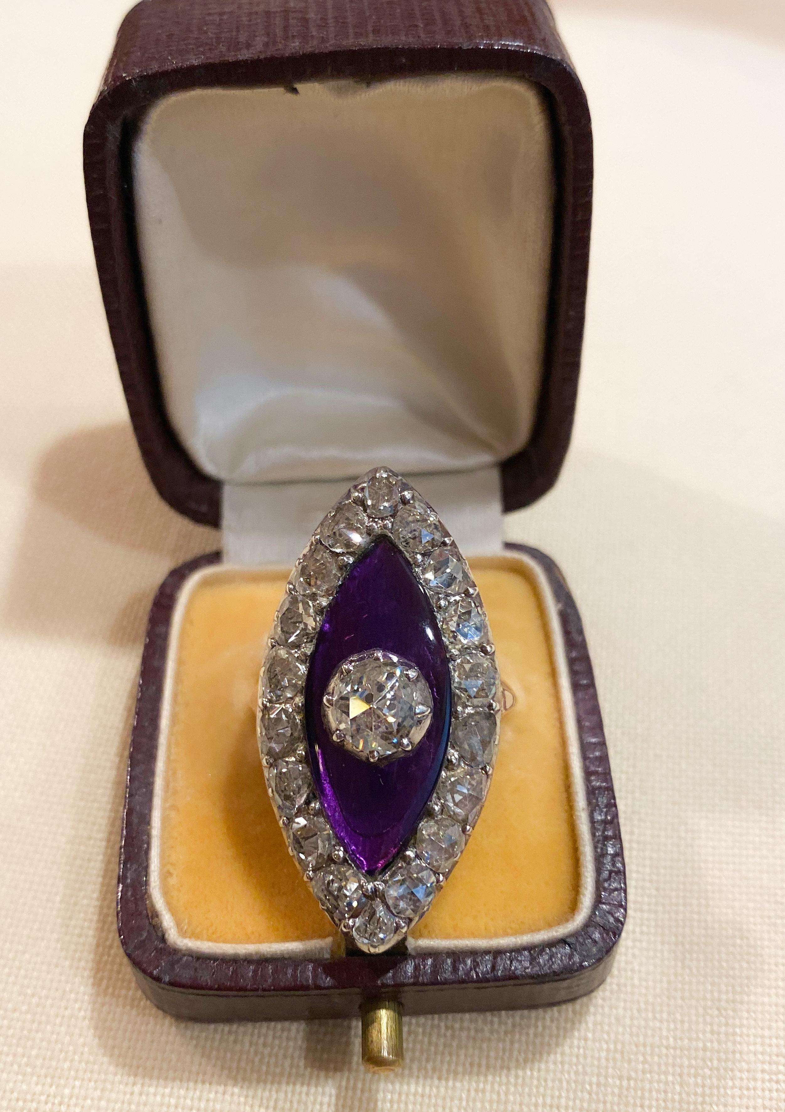Georgian Navette Purple Glass and Rose Cut Diamond Cocktail Dress Ring 6