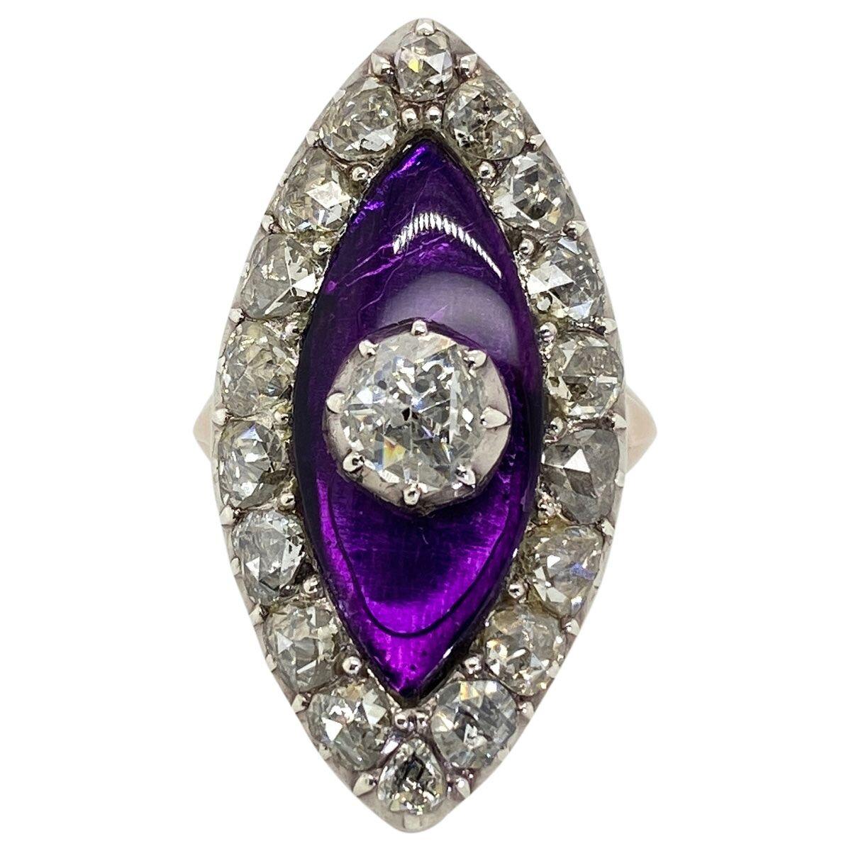 Georgian Navette Purple Glass and Rose Cut Diamond Cocktail Dress Ring In Good Condition In QLD , AU