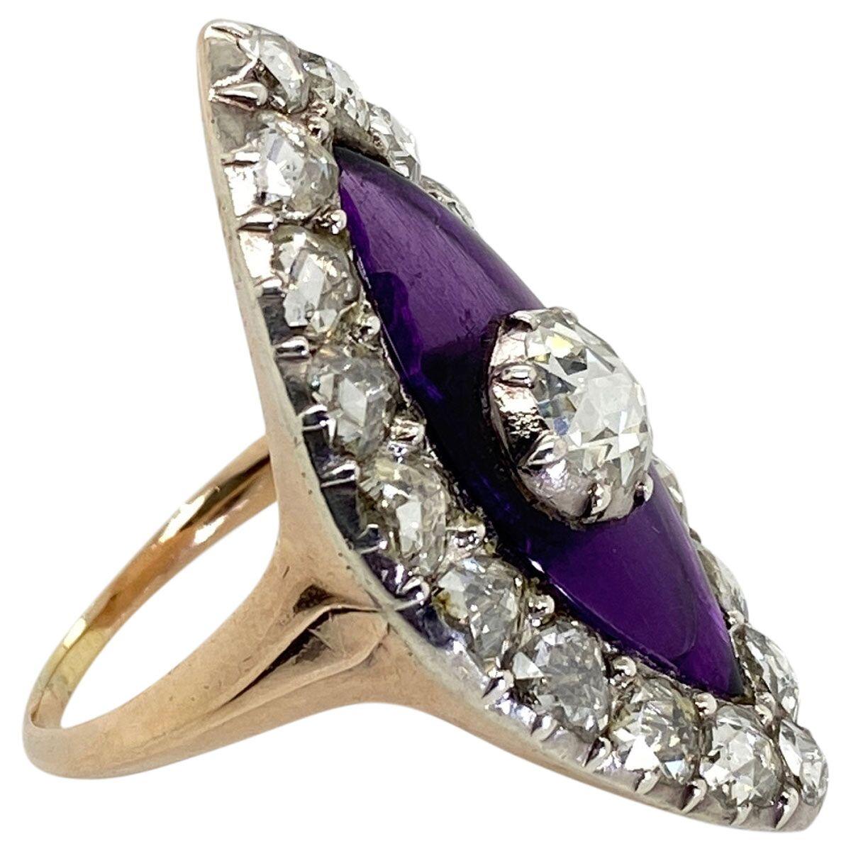 Women's Georgian Navette Purple Glass and Rose Cut Diamond Cocktail Dress Ring