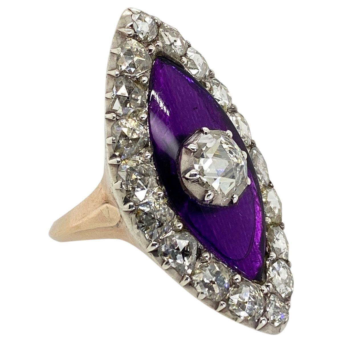 Georgian Navette Purple Glass and Rose Cut Diamond Cocktail Dress Ring 2