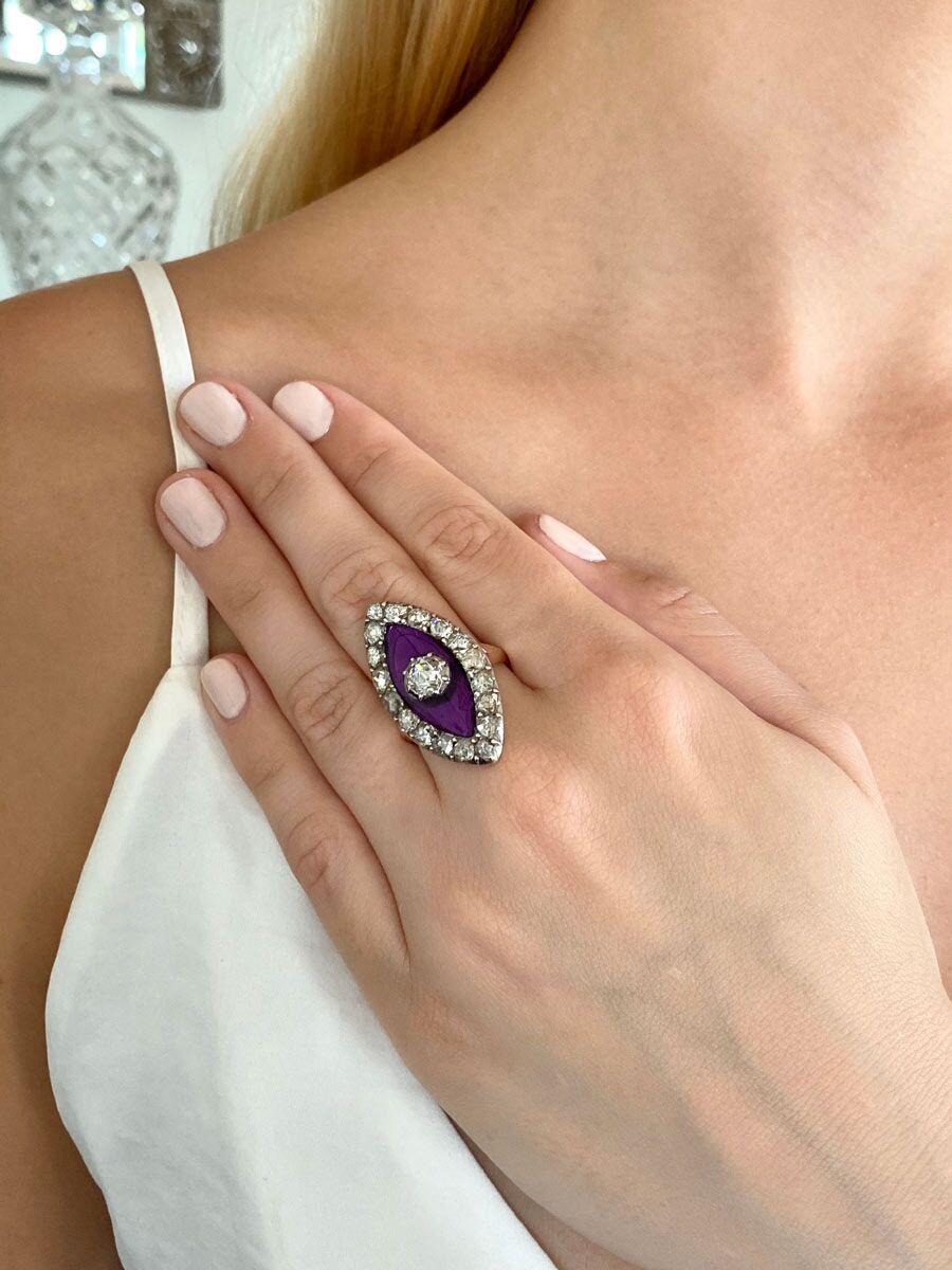 Georgian Navette Purple Glass and Rose Cut Diamond Cocktail Dress Ring 4