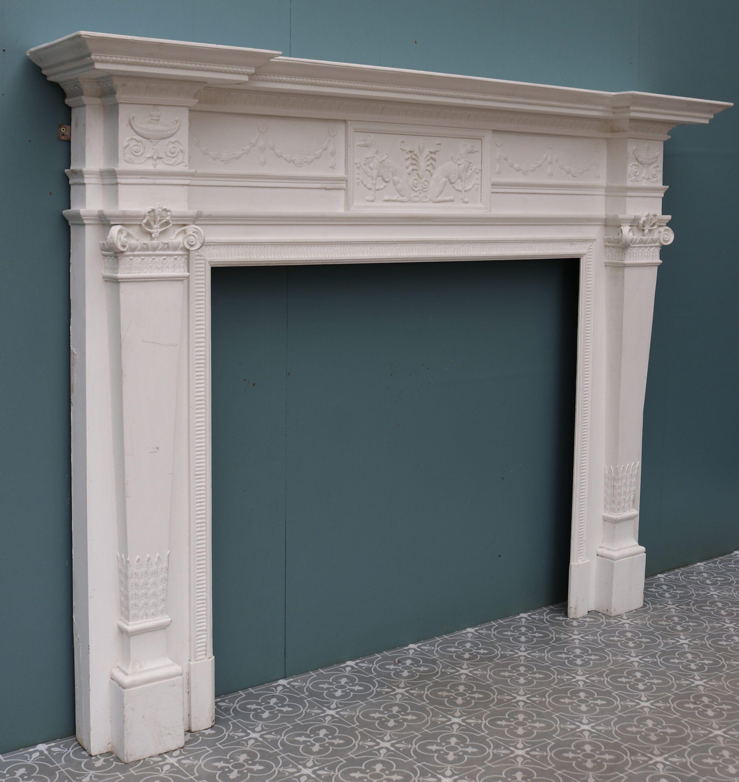 Georgian neoclassical style fireplace. A pine and composition, neoclassical style fire surround with Egyptian style carvings to the front plaque.



Additional Dimensions

Opening height 101 cm

Opening width 114 cm

Across the foot blocks