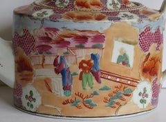 Georgian New Hall Porcelain Oval Teapot with Boy in Window Pattern 425, Ca 1802