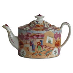 Antique Georgian New Hall Porcelain Oval Teapot with Boy in Window Ptn No.425,circa 1800