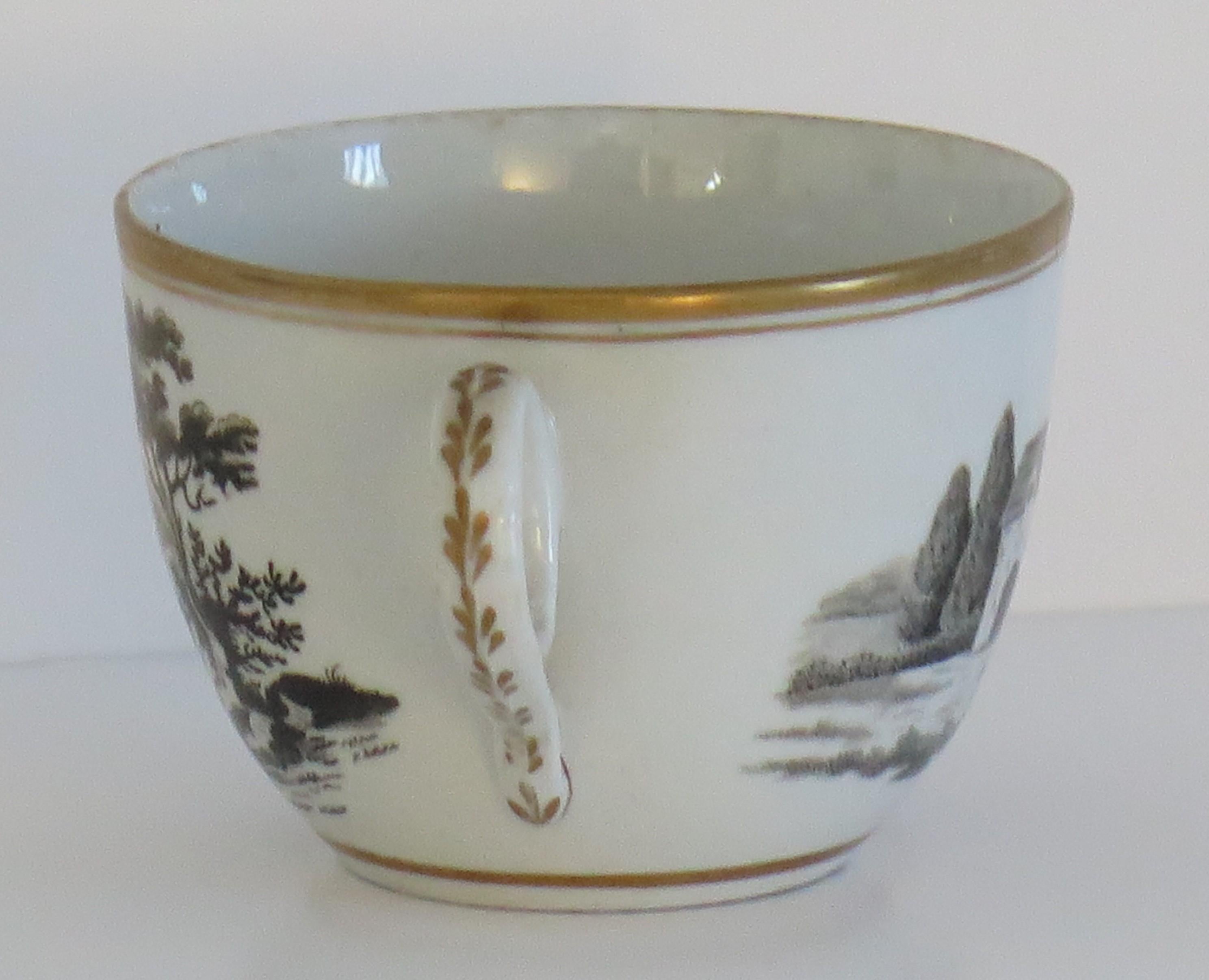 Georgian Newhall Porzellan Duo Teetasse und Untertasse Bat Printed Ptn, um 1805 im Angebot 4