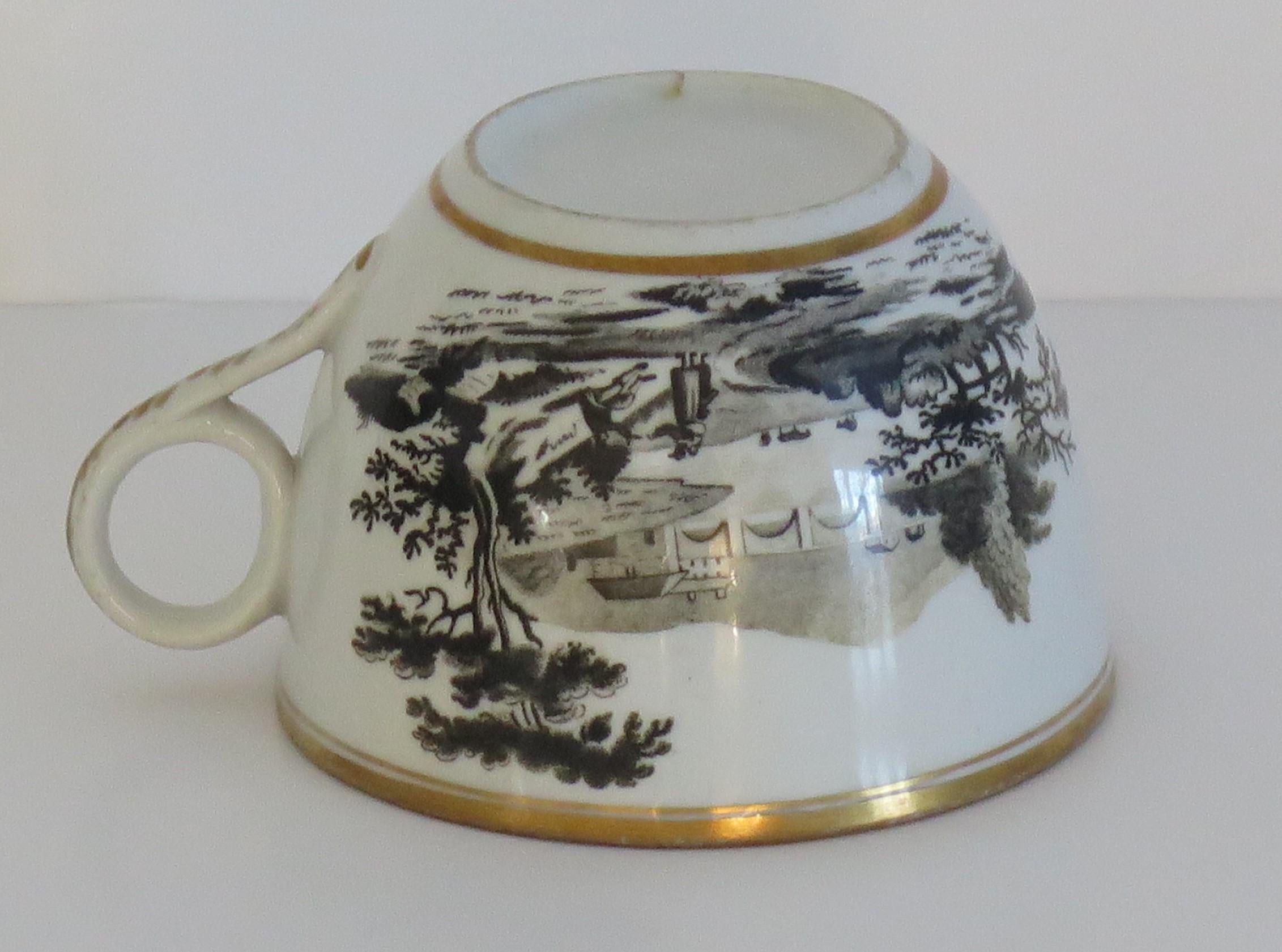 Georgian Newhall Porcelain Duo Tea Cup and Saucer Bat Printed Ptn, circa 1805 For Sale 9