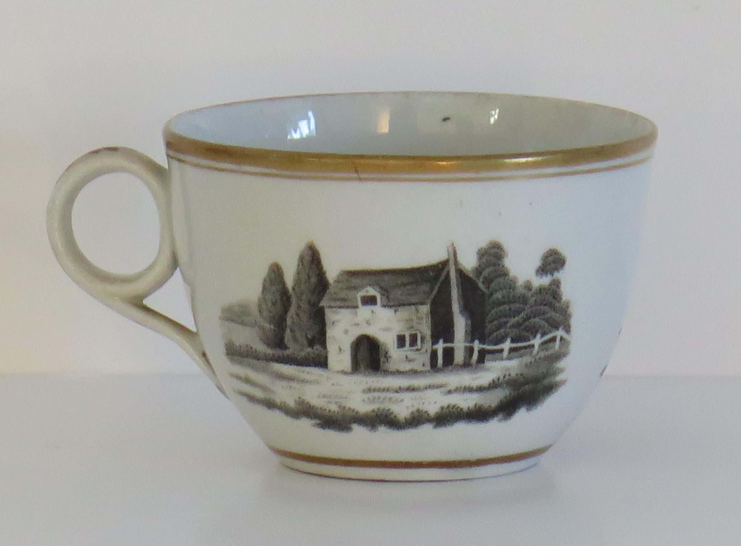 Georgian Newhall Porcelain Duo Tea Cup and Saucer Bat Printed Ptn, circa 1805 For Sale 3