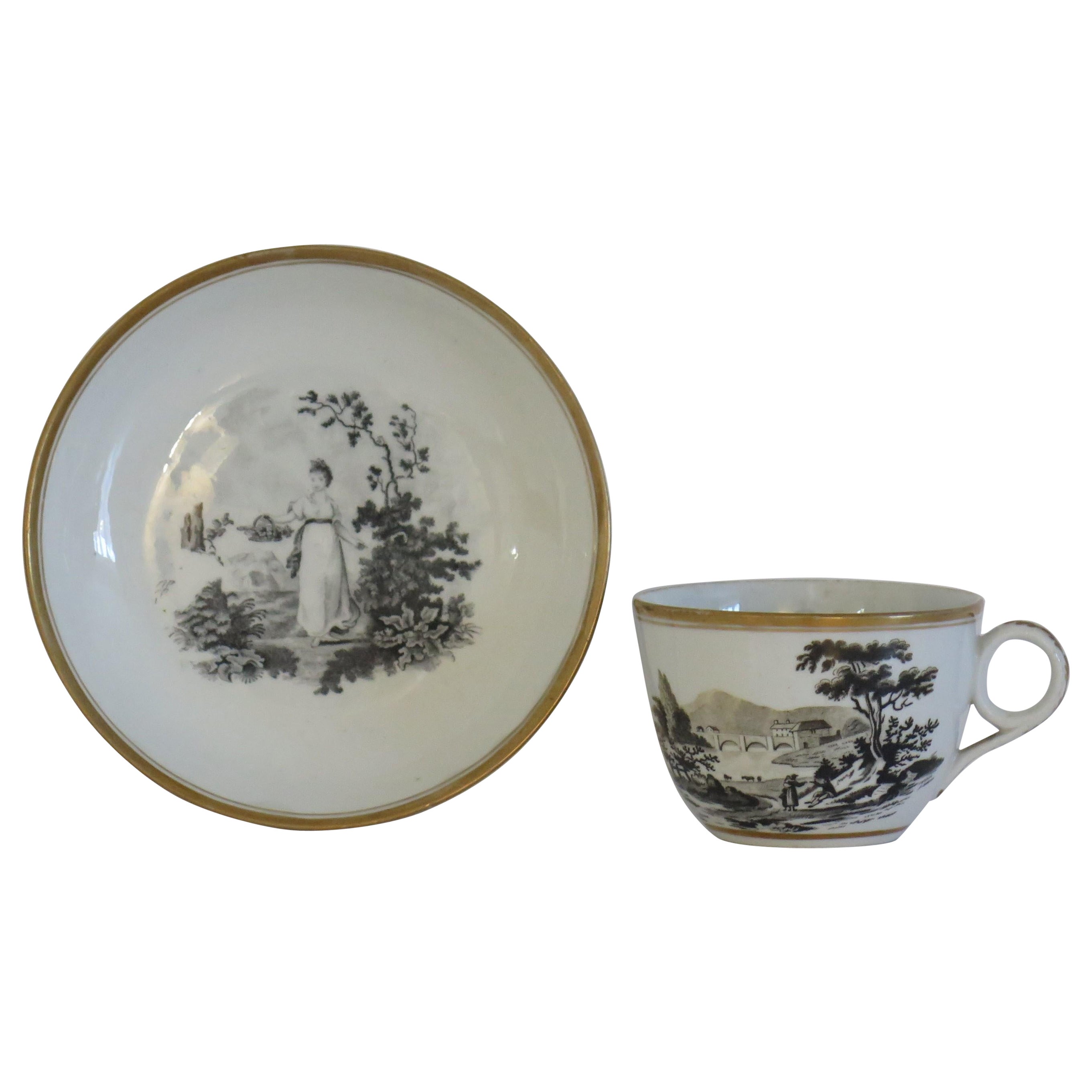 Georgian Newhall Porzellan Duo Teetasse und Untertasse Bat Printed Ptn, um 1805 im Angebot