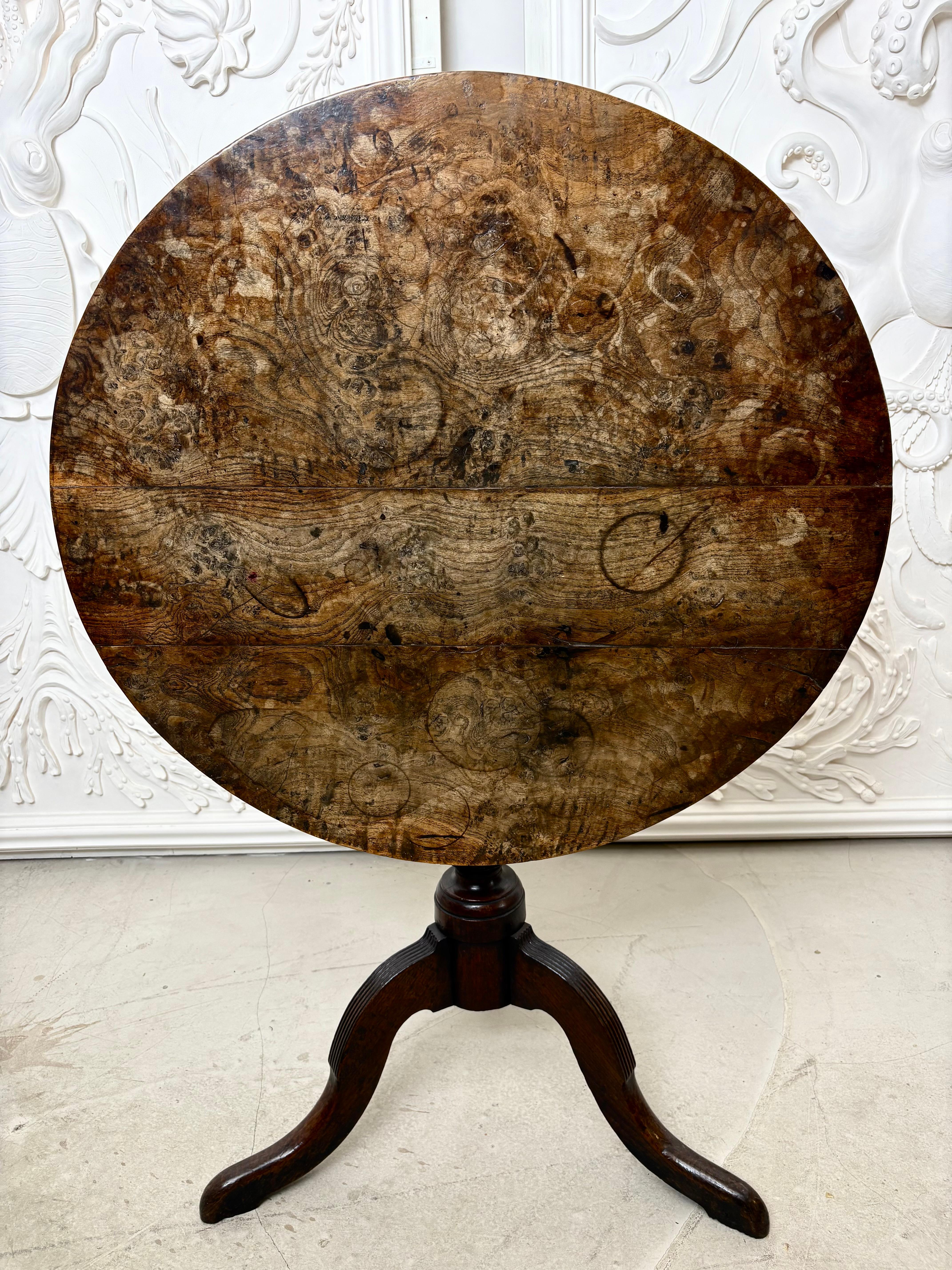 Georgian oak and elm tripod table,raised on a well turned oak baluster column, unusually bulbous and exaggerated with flat reeded panel carved over the knees of each leg. Terminating in pointed flat feet.
The circular tilting top in well figured elm