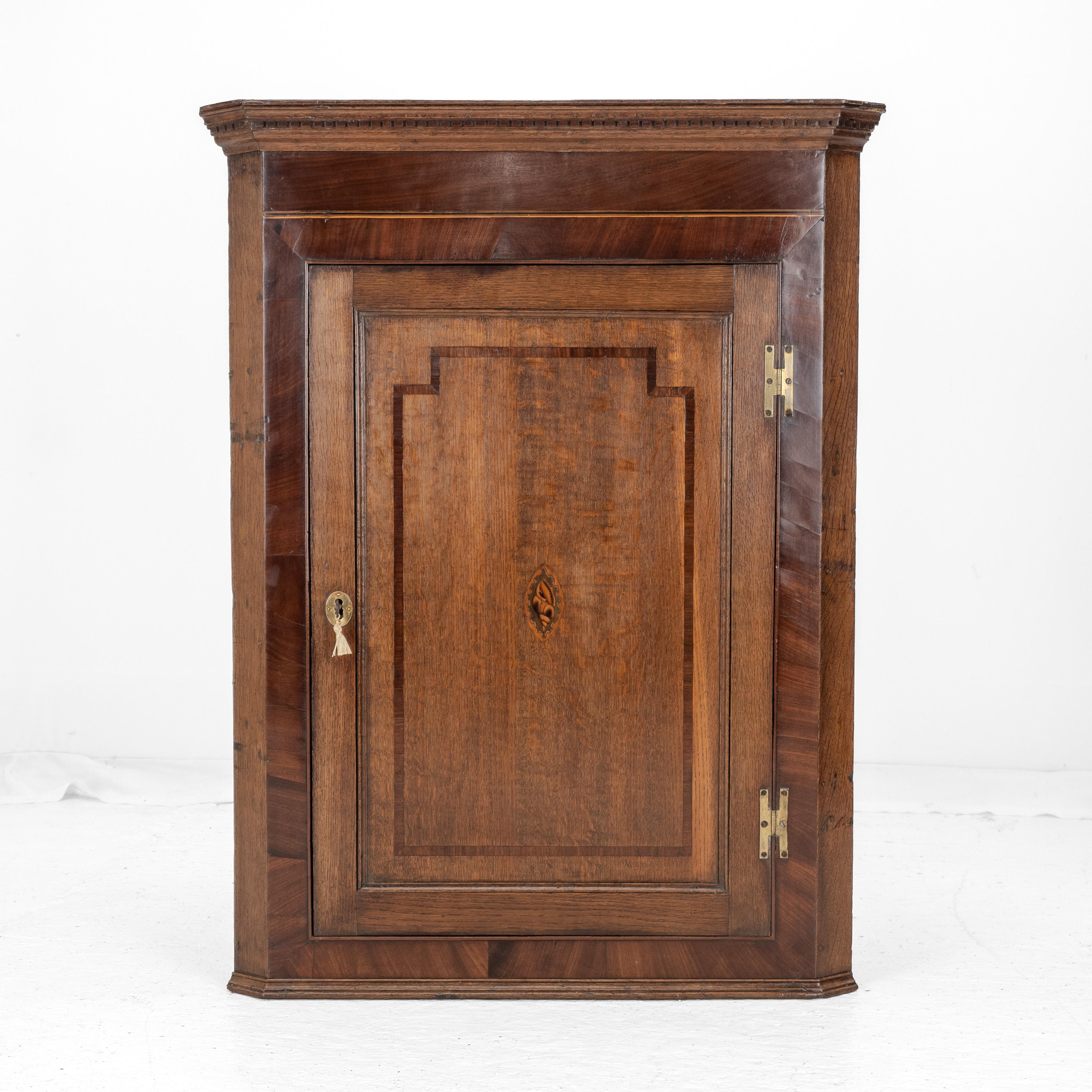 English Georgian Oak Mahogany Inlaid Wall-Hanging Corner Cupboard Late c18th George III For Sale