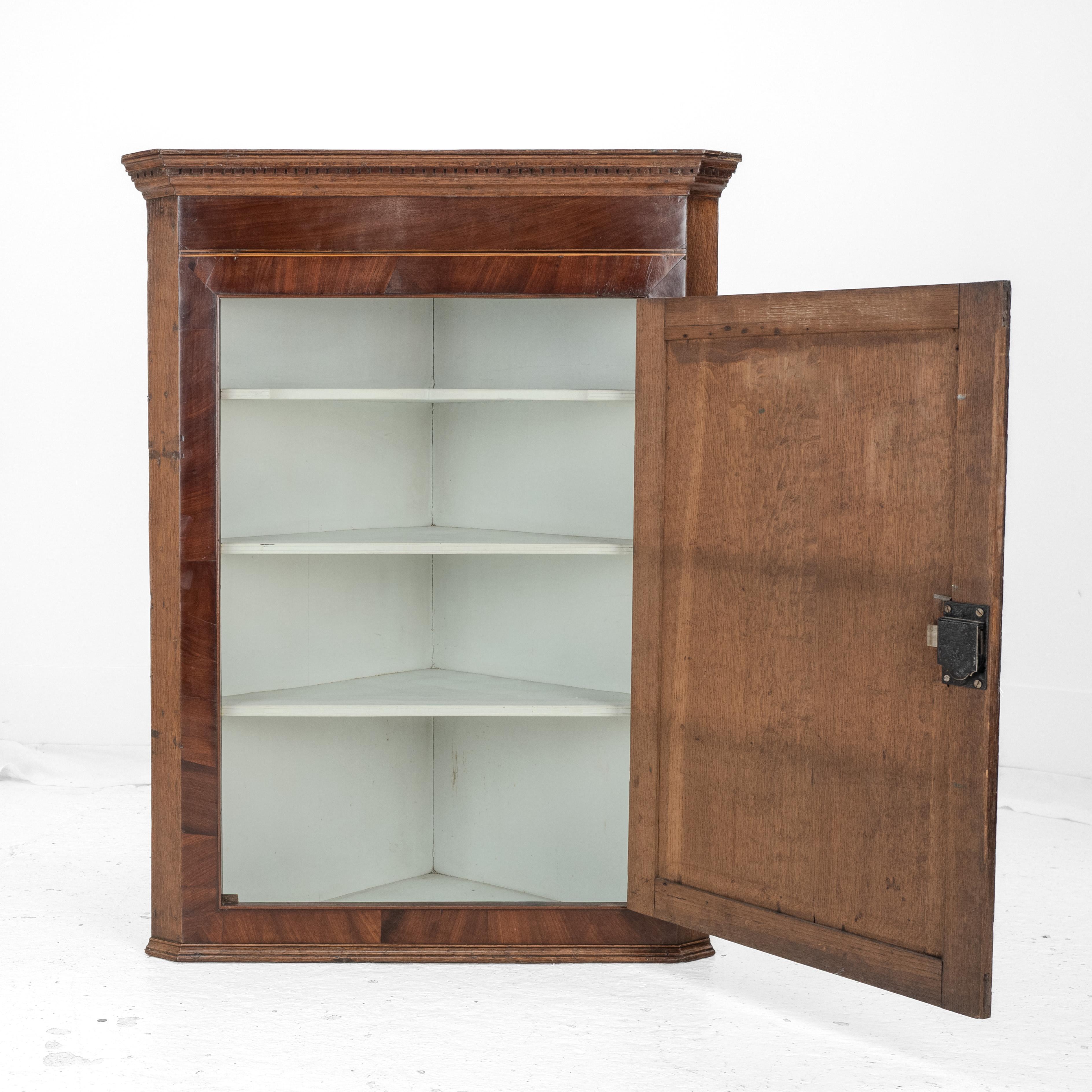 Inlay Georgian Oak Mahogany Inlaid Wall-Hanging Corner Cupboard Late c18th George III For Sale