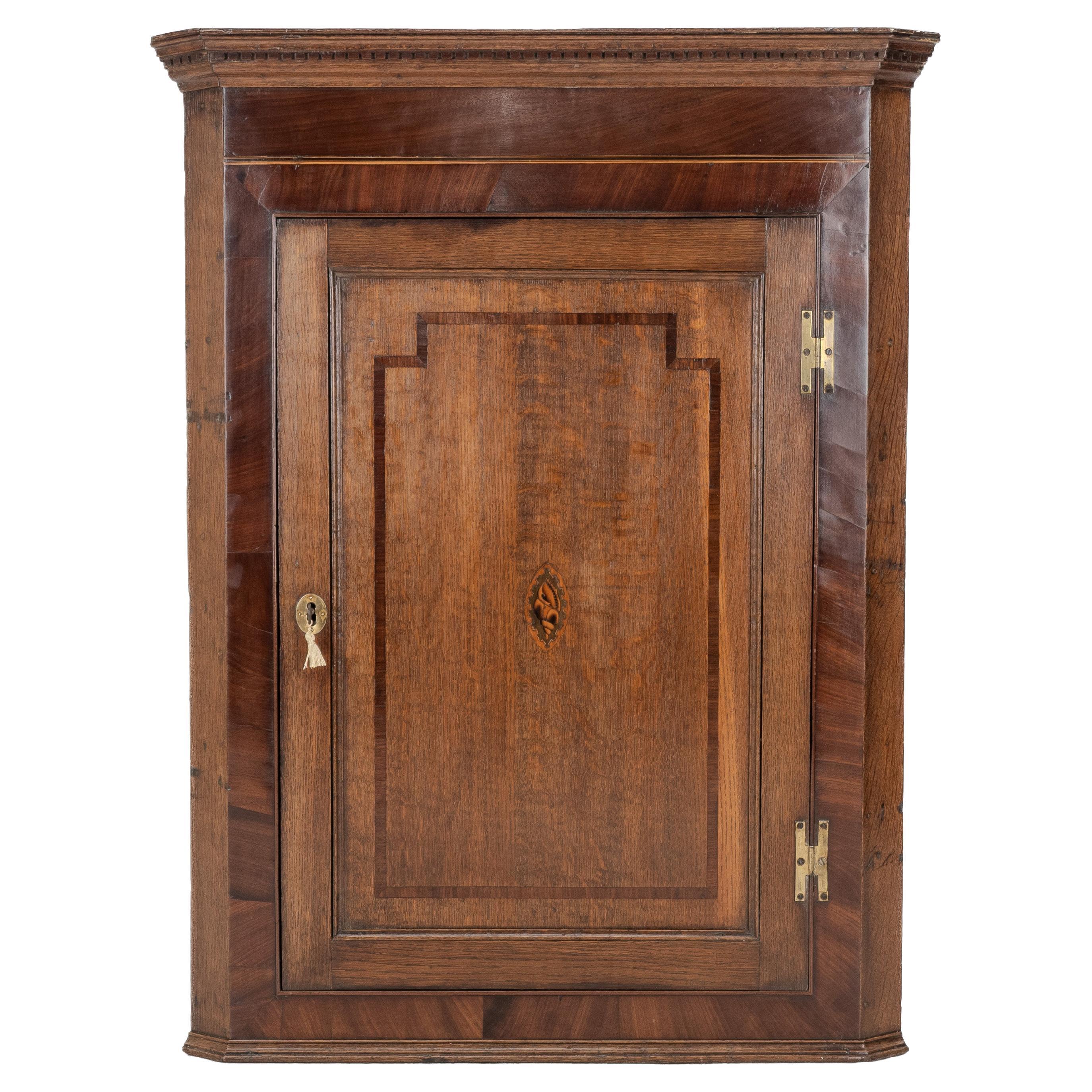 Georgian Oak Mahogany Inlaid Wall-Hanging Corner Cupboard Late c18th George III For Sale
