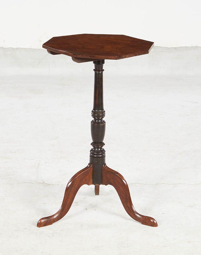 Fine 18th century mahogany octagonal tripod stand, the single board top with vivid grain and good color on turned and ebonized shaft with balustrade and ring turnings, standing on well-formed slipper feet, the whole possessing good rich color and