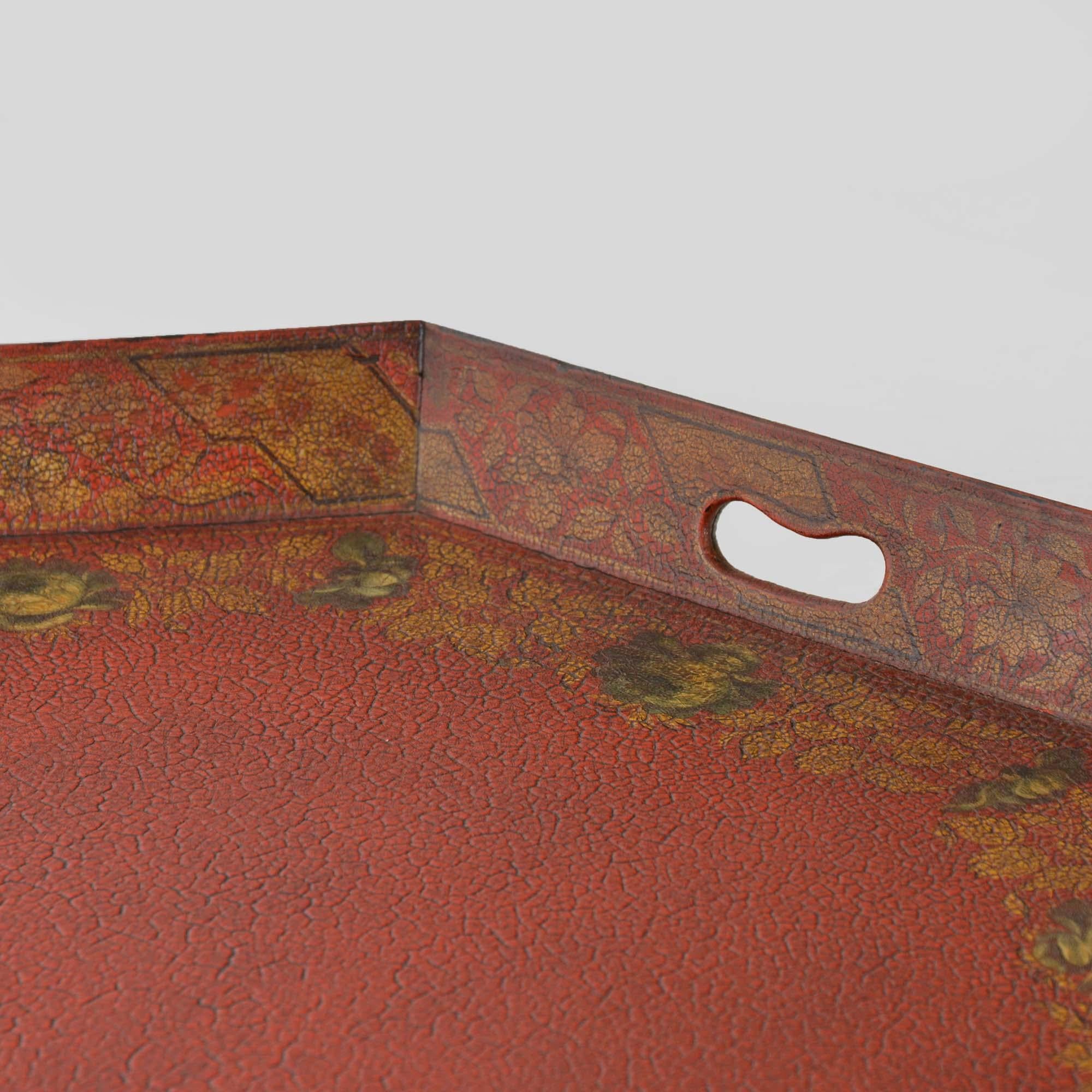 19th Century Georgian octagonal scarlet papier maché tray For Sale