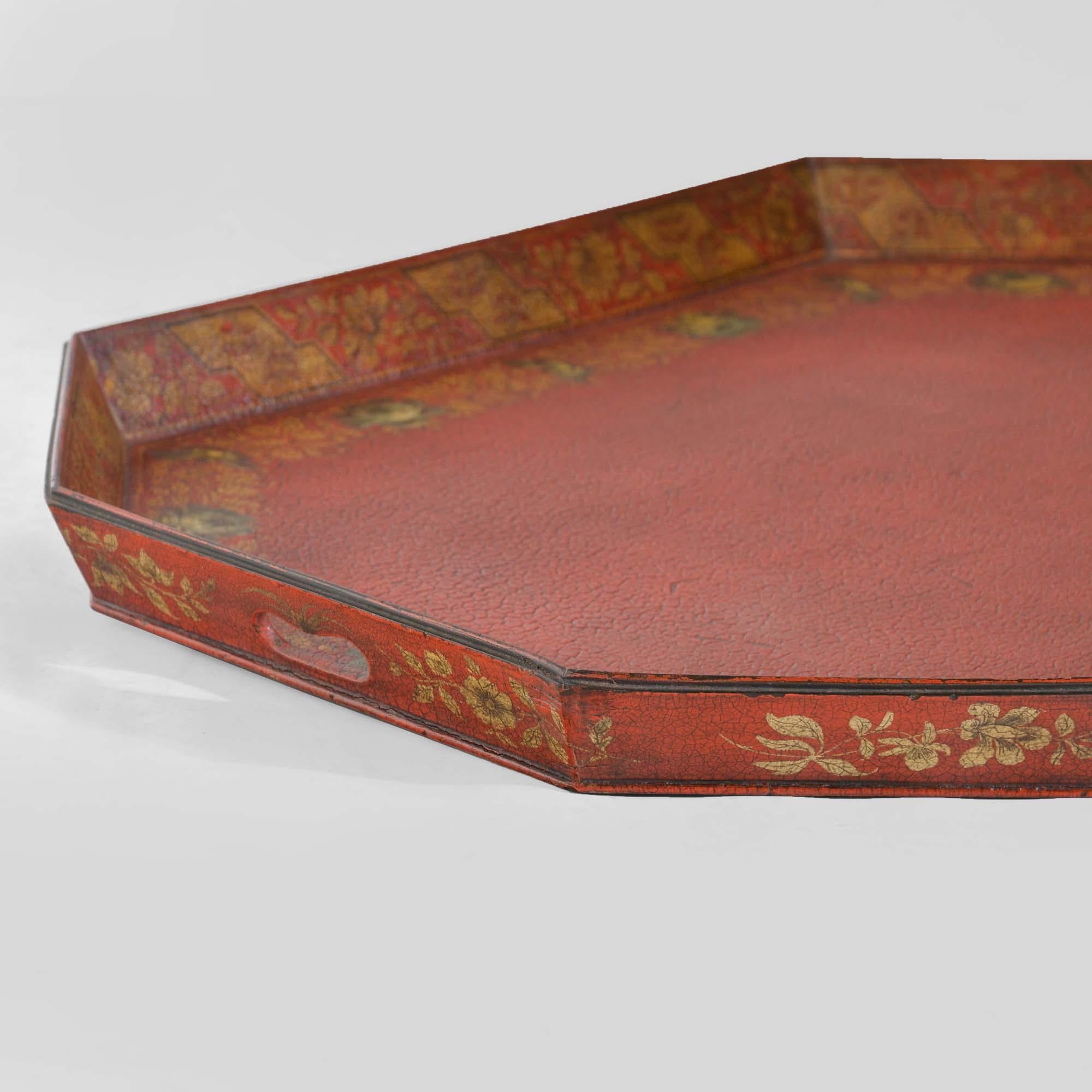 Paper Georgian octagonal scarlet papier maché tray For Sale