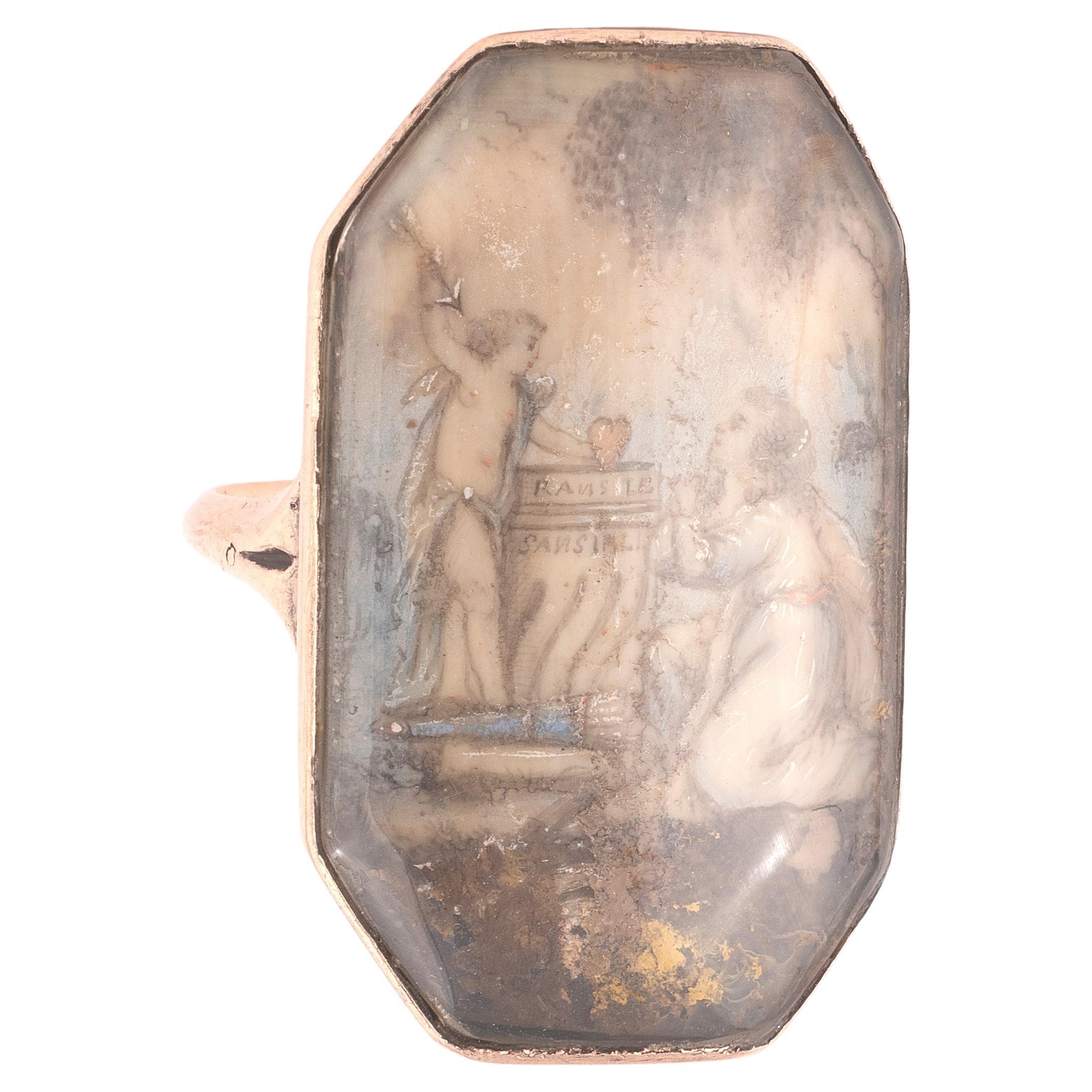 Women's or Men's Georgian Octagonal Shaped Mourning Ring With Child & Angel 1790's